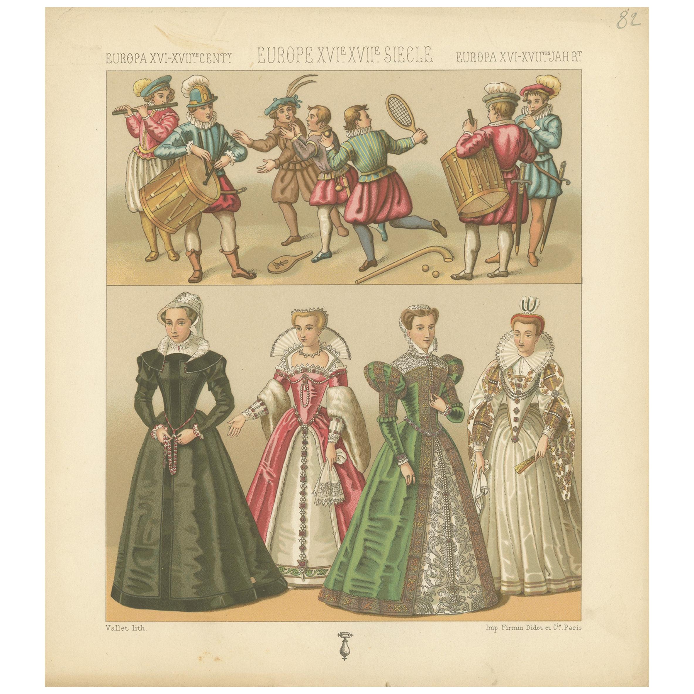 Pl. 82 Antique Print of European XVIth-XVII Century Costumes by Racinet
