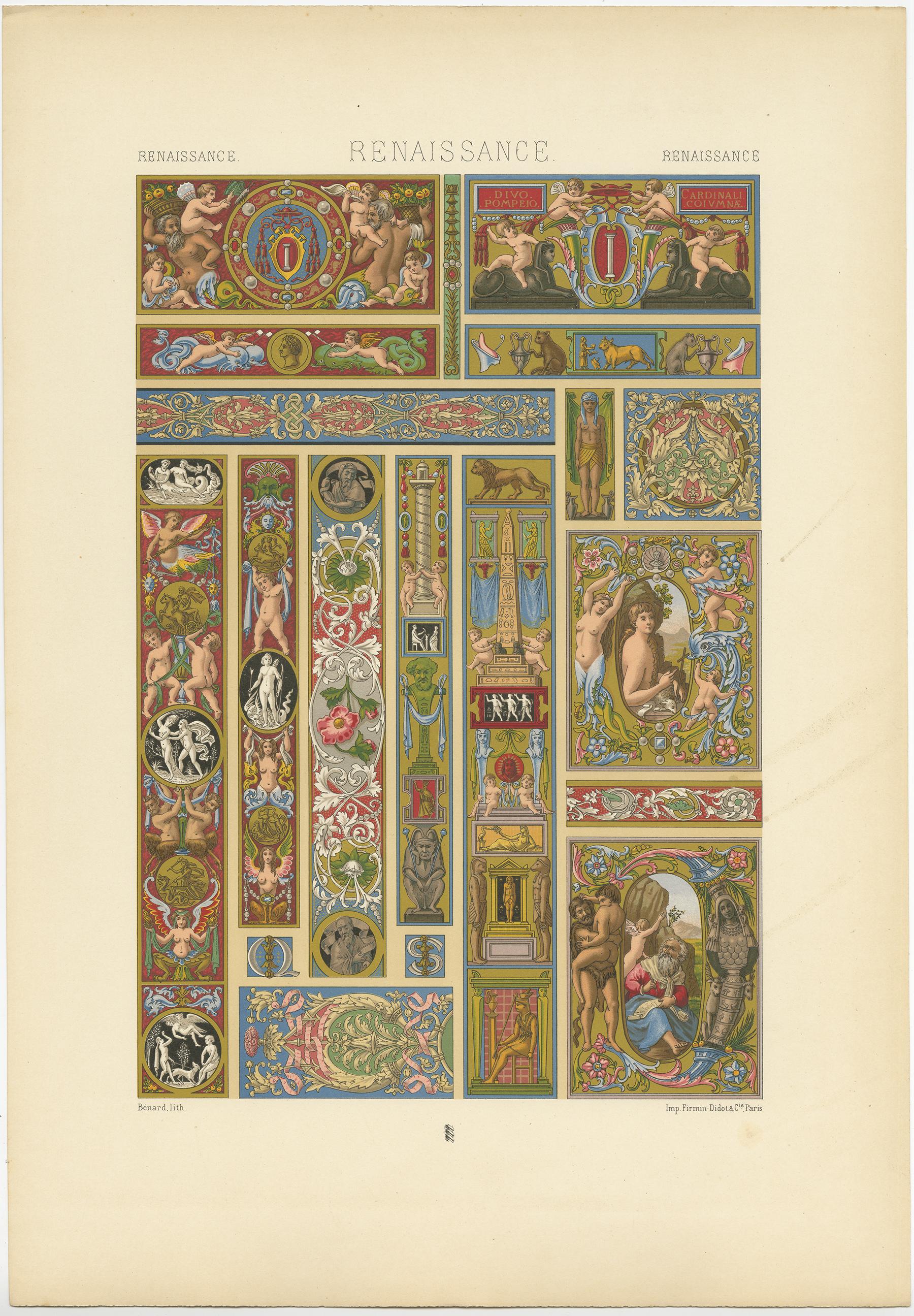 Antique print titled 'Renaissance - Renaissance - Renaissance'. Chromolithograph of ornaments from Italian manuscripts 16th and 17th centuries ornaments. This print originates from 'l'Ornement Polychrome' by Auguste Racinet. Published circa 1890.