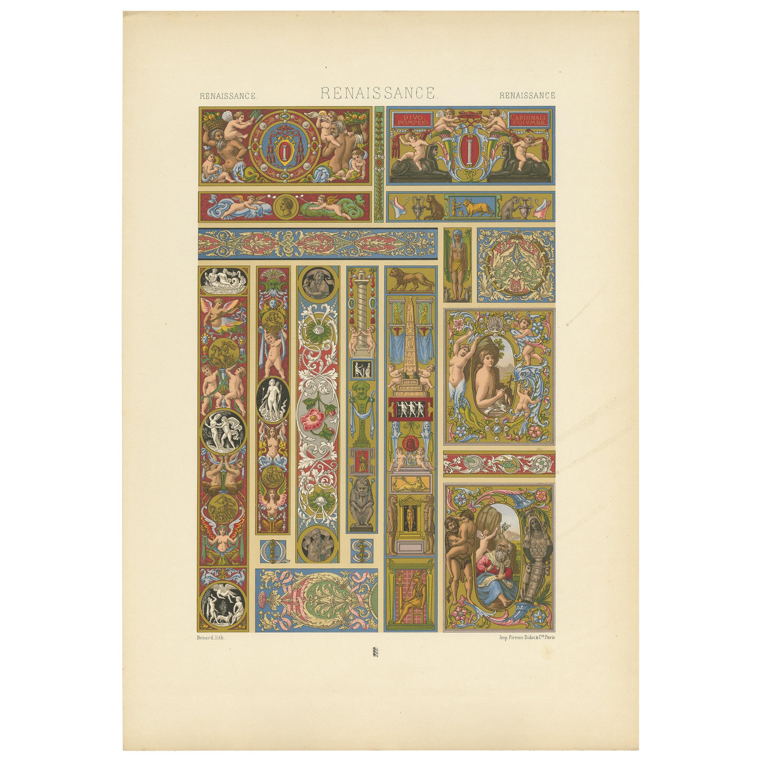 Pl. 82 Antique Print of Renaissance Ornaments from Italian, Racinet 'circa 1890' For Sale