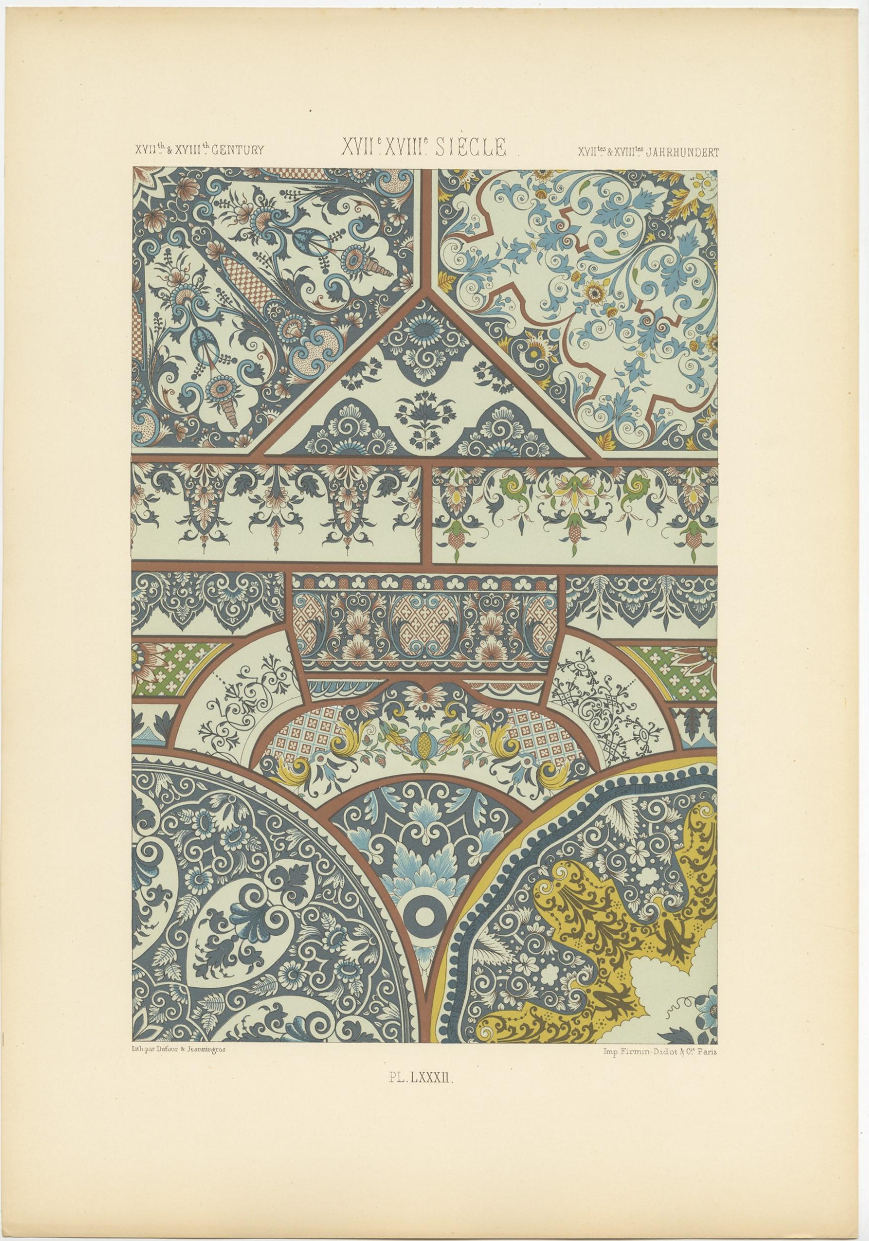19th Century Pl. 82 Antique Print of XVIIth and XVIIIth Century Ornaments by Racinet (c.1890) For Sale