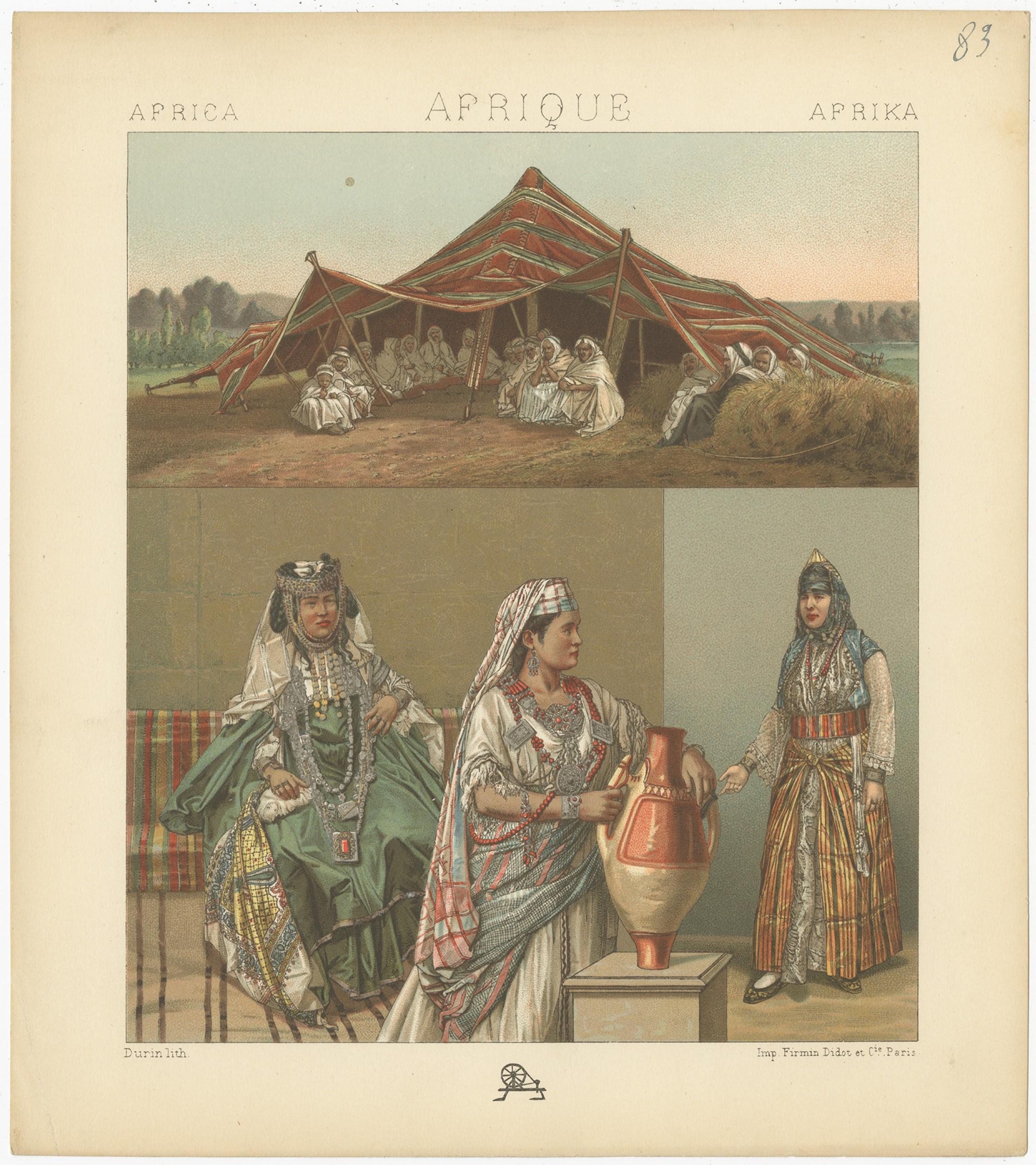 Antique print titled 'Africa - Afrique - Afrika'. Chromolithograph of African encampments. This print originates from 'Le Costume Historique' by M.A. Racinet. Published, circa 1880.