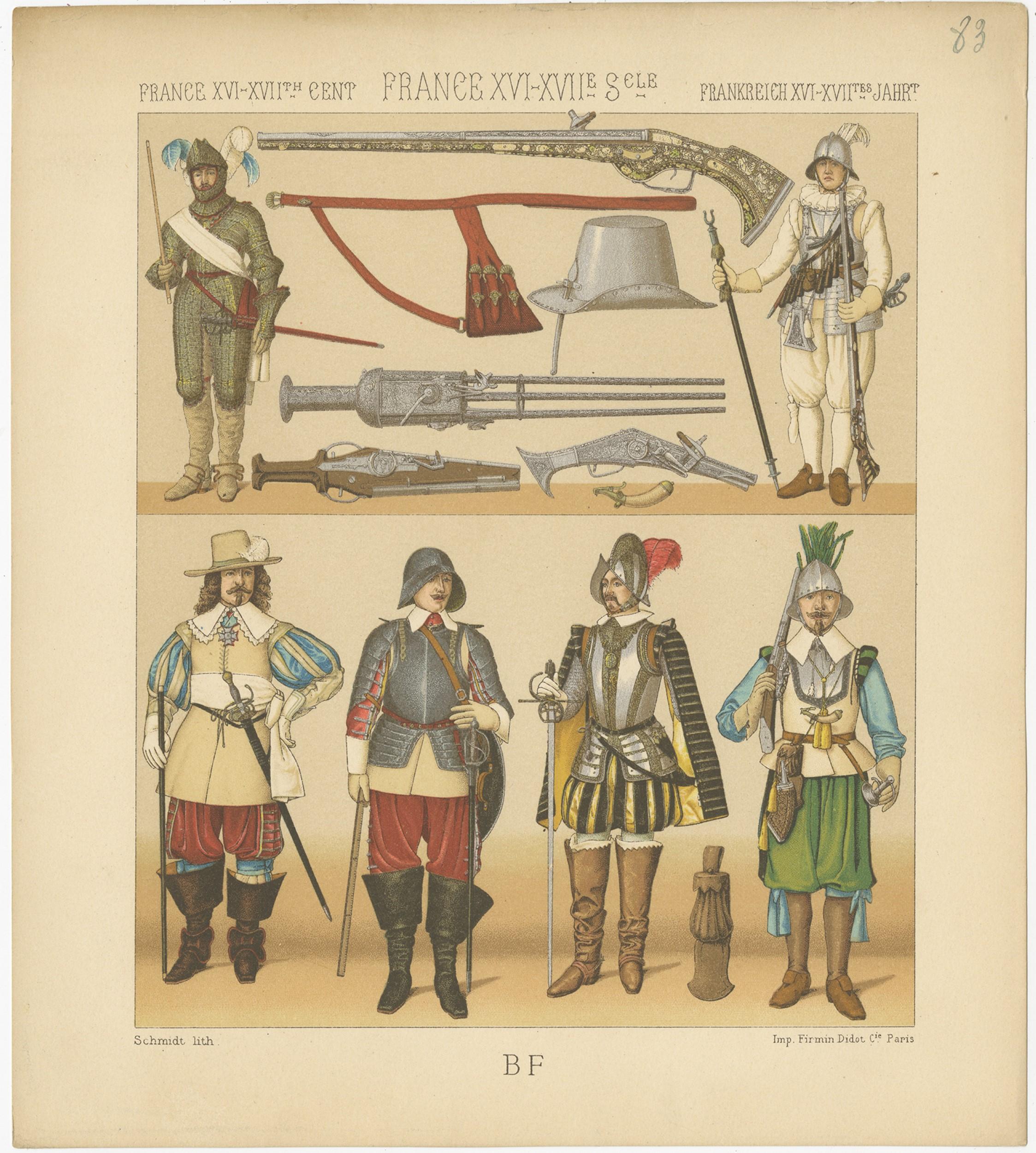 Antique print titled 'France XVI, XVIIth Cent - France XVI, XVIIe Siecle - Frankreich XVI, XVIItes Jahr'. Chromolithograph of French XVIth, XVIIth century battle costumes. This print originates from 'Le Costume Historique' by M.A. Racinet. Published