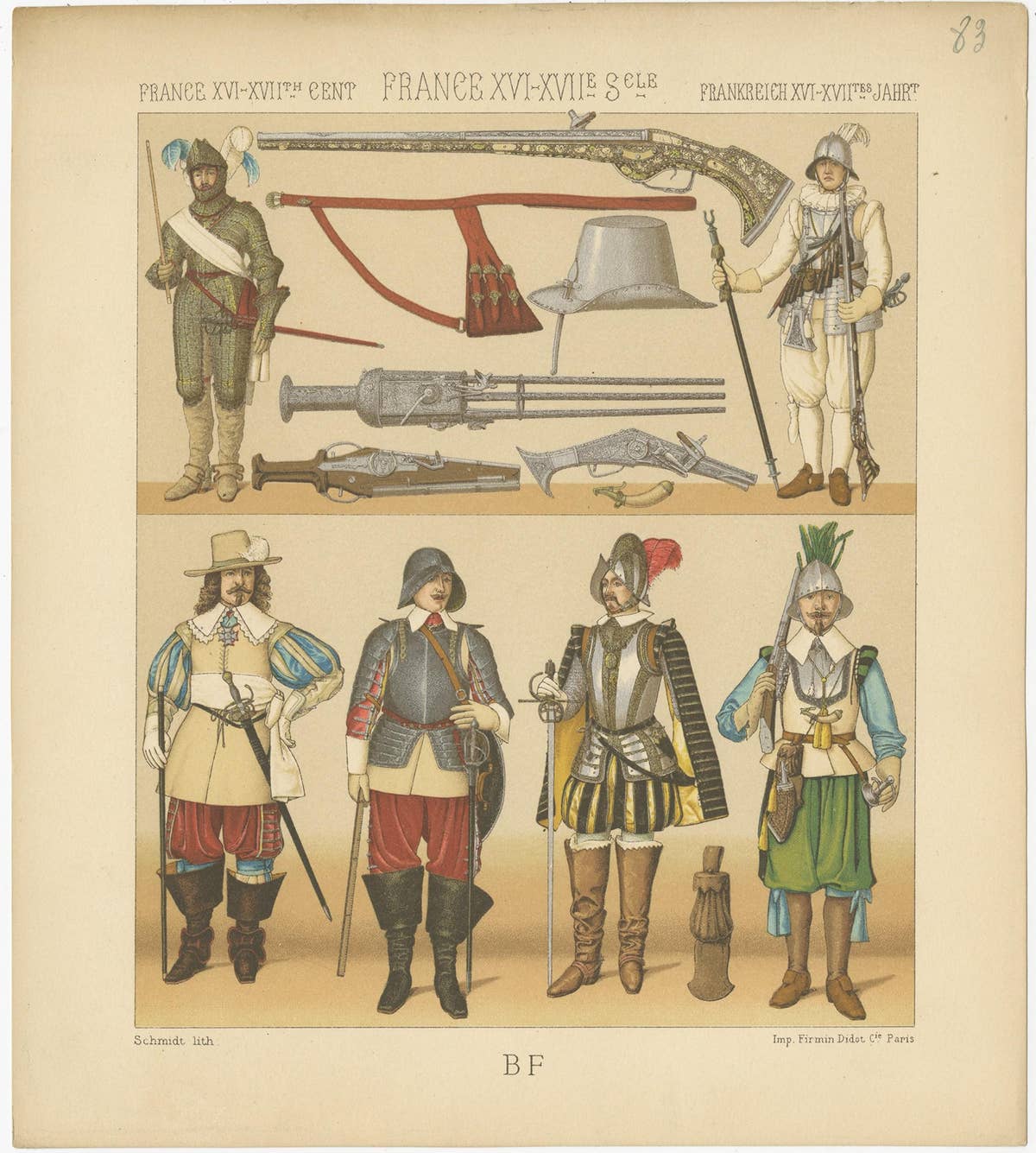 Pl. 83 Antique Print of French 16th Century Battle Costumes by Racinet
