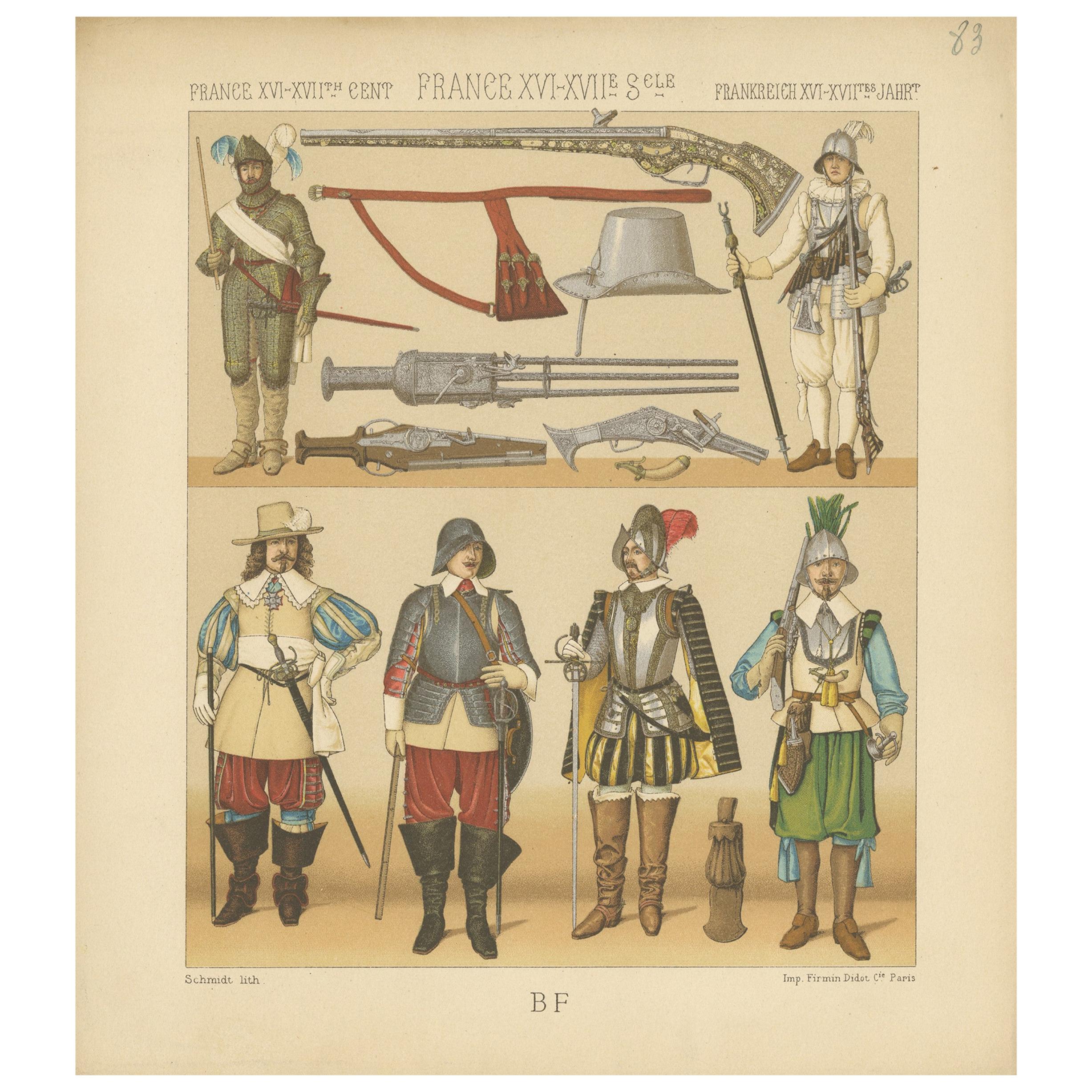Pl. 83 Antique Print of French 16th Century Battle Costumes by Racinet For Sale