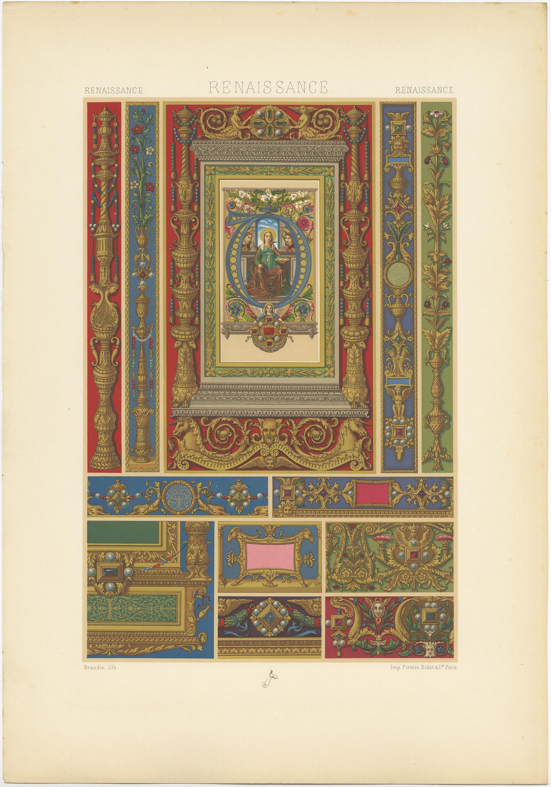 Antique print titled 'Renaissance - Renaissance - Renaissance'. Chromolithograph of jewelry designs from Italian manuscripts 15th and 16th centuries ornaments. This print originates from 'l'Ornement Polychrome' by Auguste Racinet. Published circa