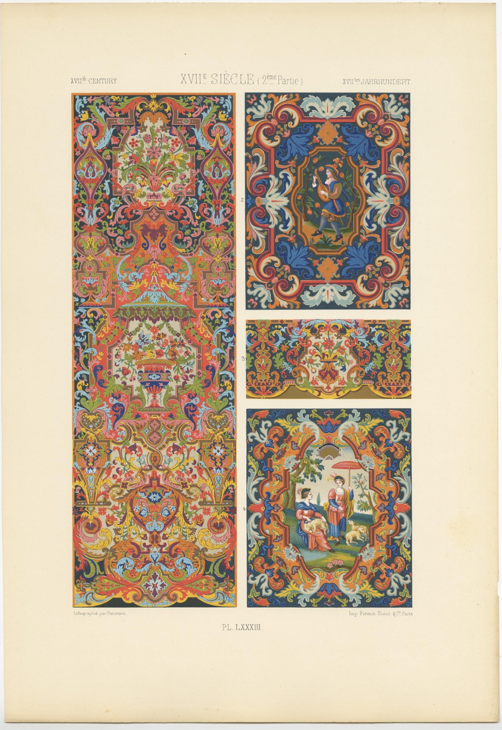 Paper Decorative Antique Print of XVIIth Century Ornaments by Racinet (c.1890) For Sale
