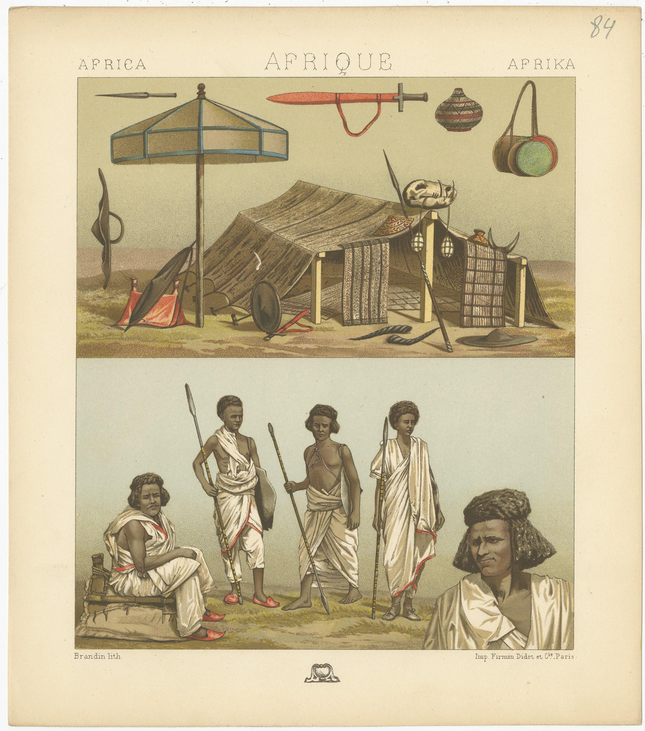 Antique print titled 'Africa - Afrique - Afrika'. Chromolithograph of African Encampments. This print originates from 'Le Costume Historique' by M.A. Racinet. Published, circa 1880.