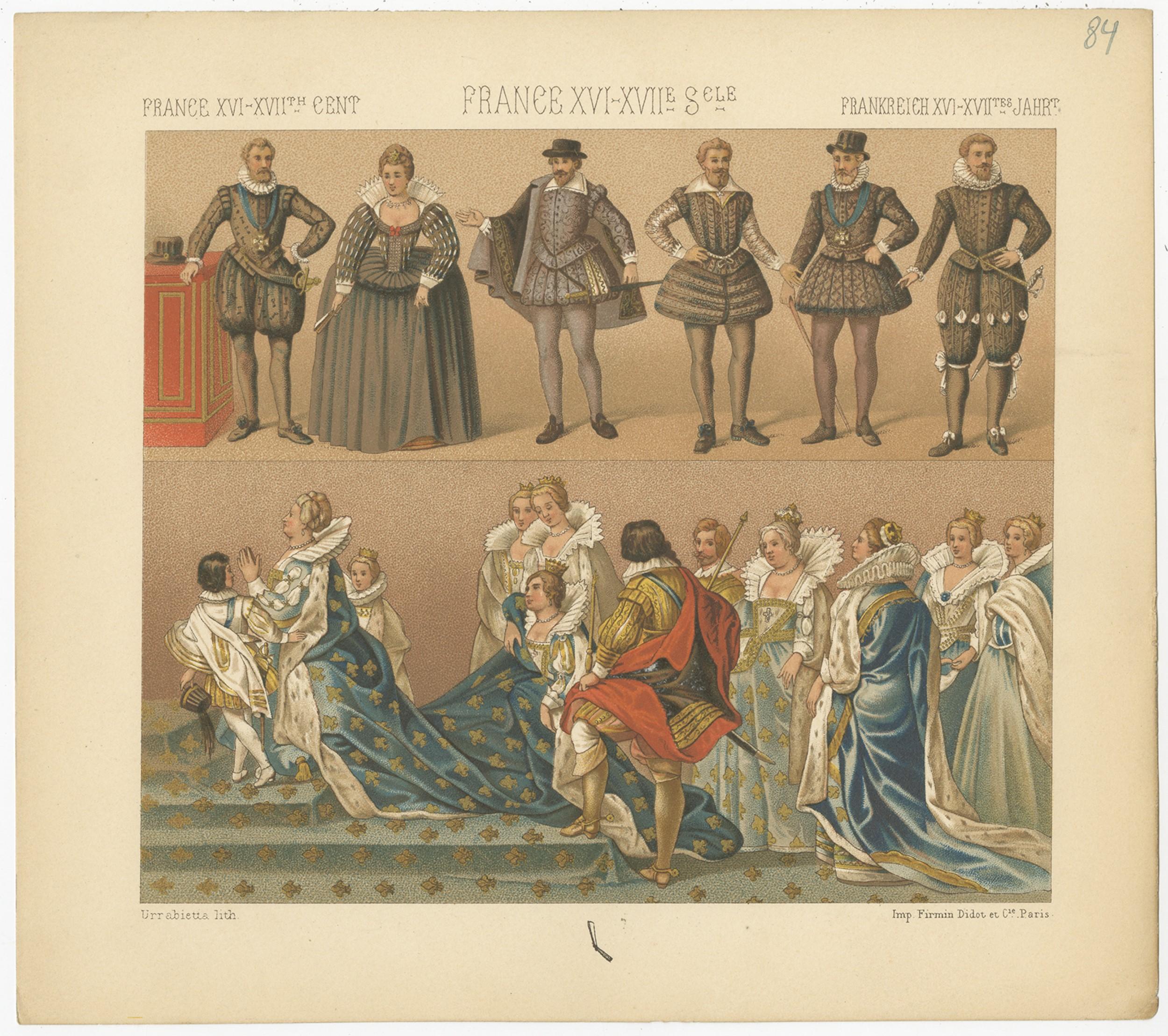 Antique print titled 'France XVI, XVIIth Cent - France XVIe, XVIIe Siecle - Frankreich XVI, XVItes Jahr'. Chromolithograph of French XVI-XVIIth Century Costumes. This print originates from 'Le Costume Historique' by M.A. Racinet. Published circa