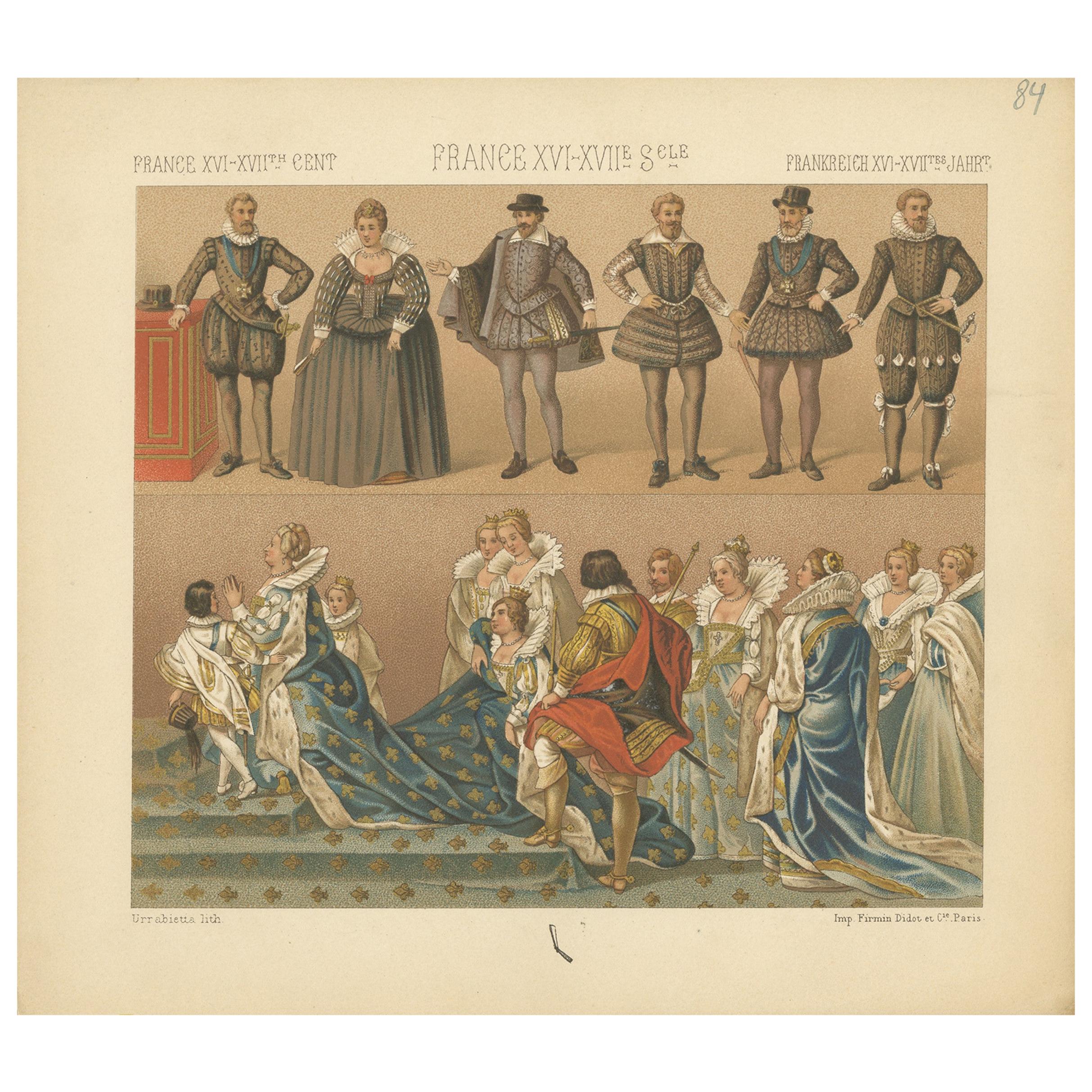 Pl. 84 Antique Print of French XVI-XVIIth Century Costumes by Racinet circa 1880 For Sale