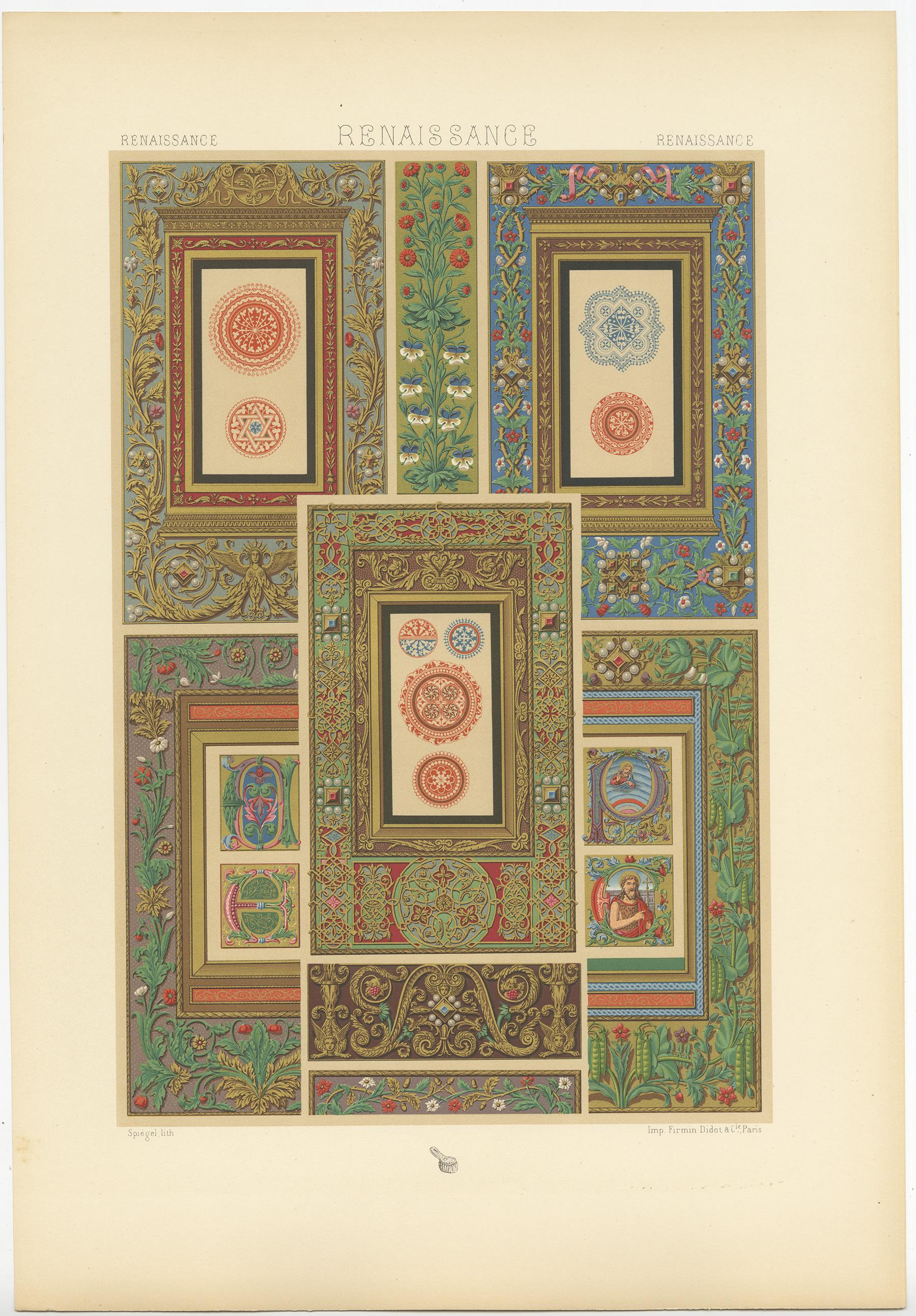 Antique print titled 'Renaissance - Renaissance - Renaissance'. Chromolithograph of from Italian and French manuscripts 15th and 16th centuries ornaments. This print originates from 'l'Ornement Polychrome' by Auguste Racinet. Published circa 1890.