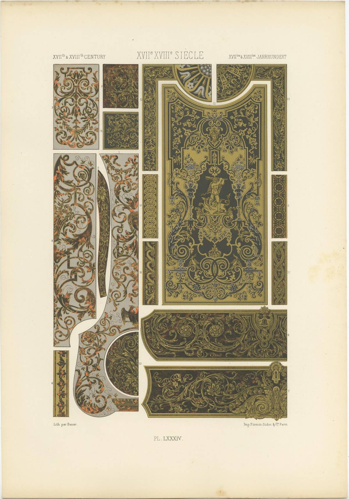 Pl. 84 Antique Print of XVIIth and XVIIIth Century Ornaments by Racinet (c.1890)