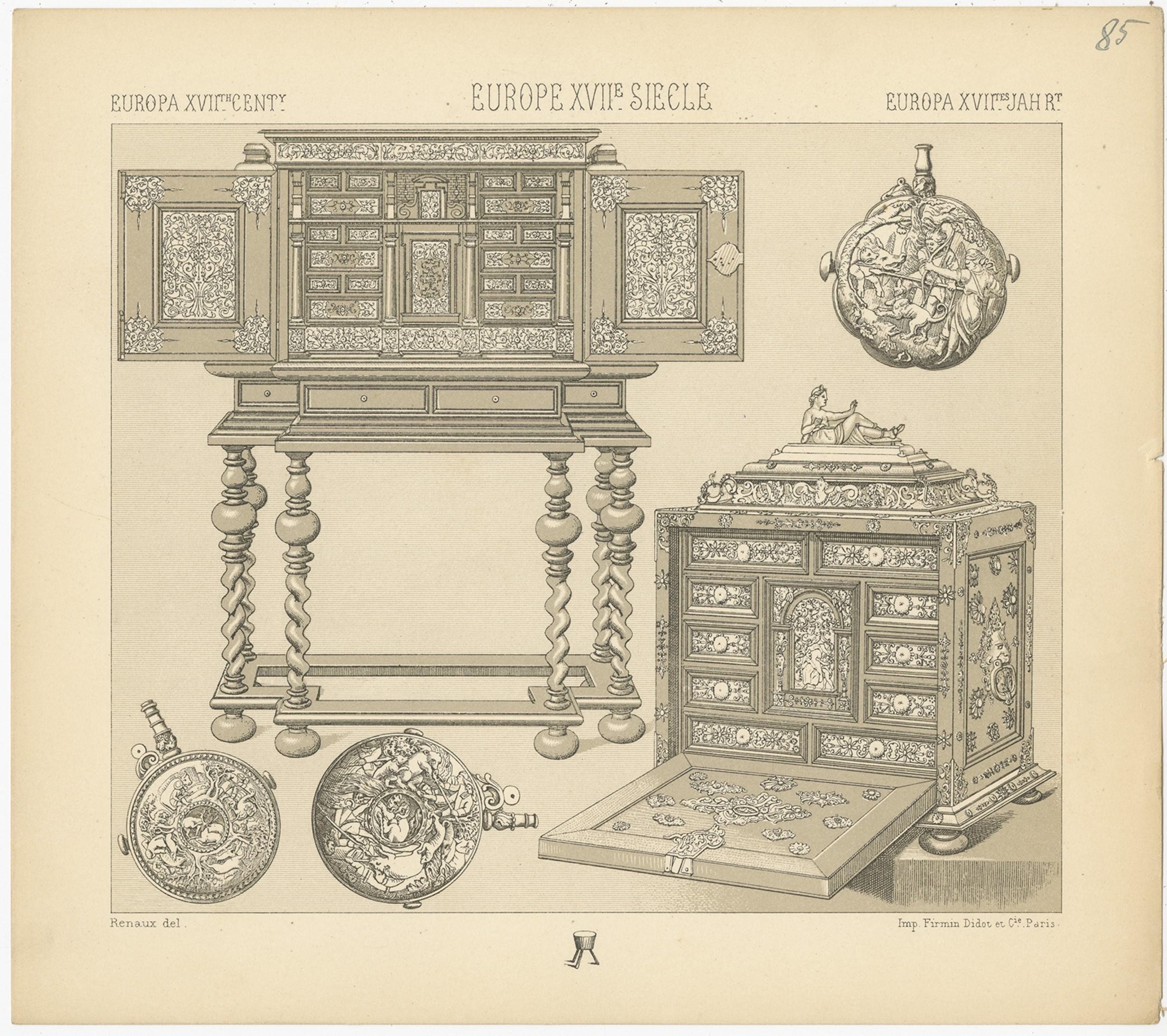 Antique print titled 'Europa XVIIth Cent - Europe XVIIe Siecle - Europa XVIItes Jahr'. Chromolithograph of European 17th century furniture. This print originates from 'Le Costume Historique' by M.A. Racinet. Published, circa 1880.