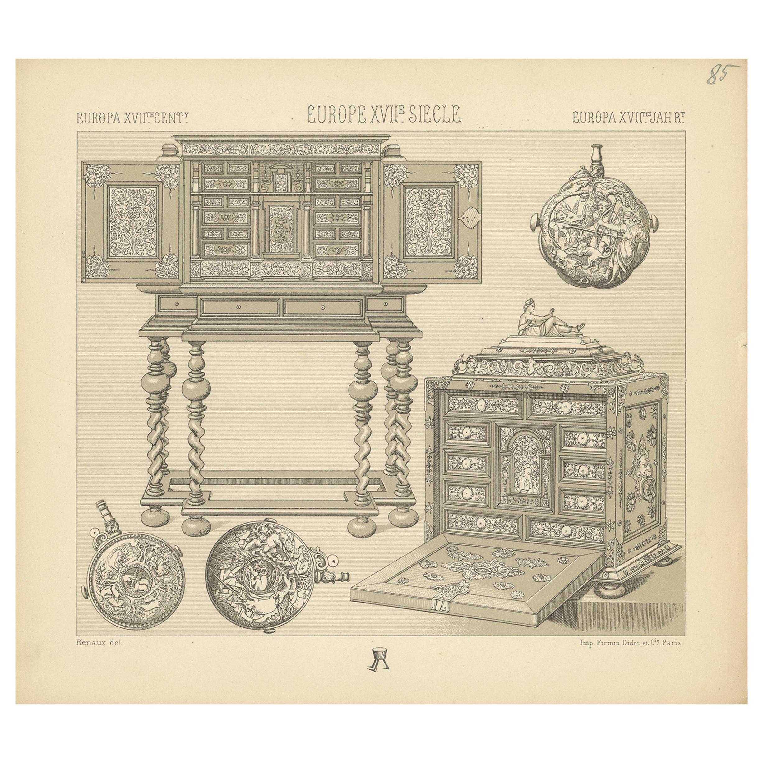 Pl 85 Antique Print of European 17th Century Furniture by Racinet For Sale