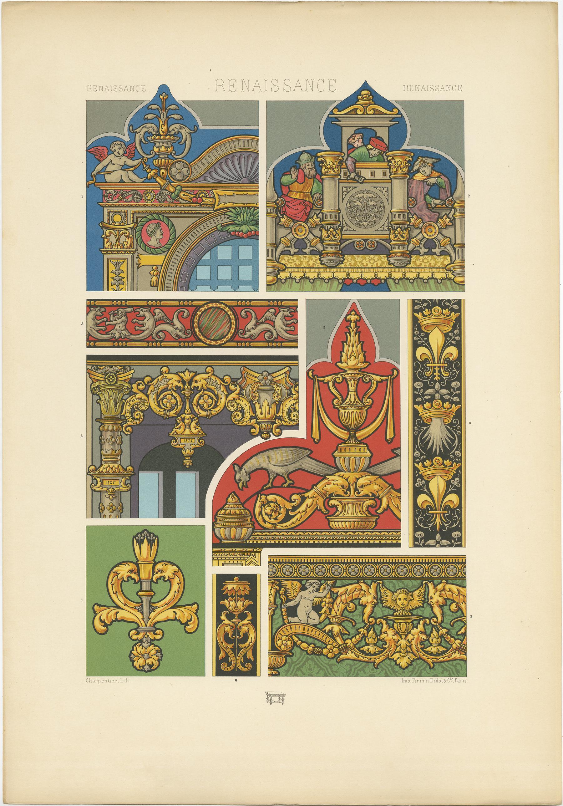 Antique print titled 'Renaissance - Renaissance - Renaissance'. Chromolithograph of architectural motifs from stained glass, France 16th century ornaments. This print originates from 'l'Ornement Polychrome' by Auguste Racinet. Published circa 1890.