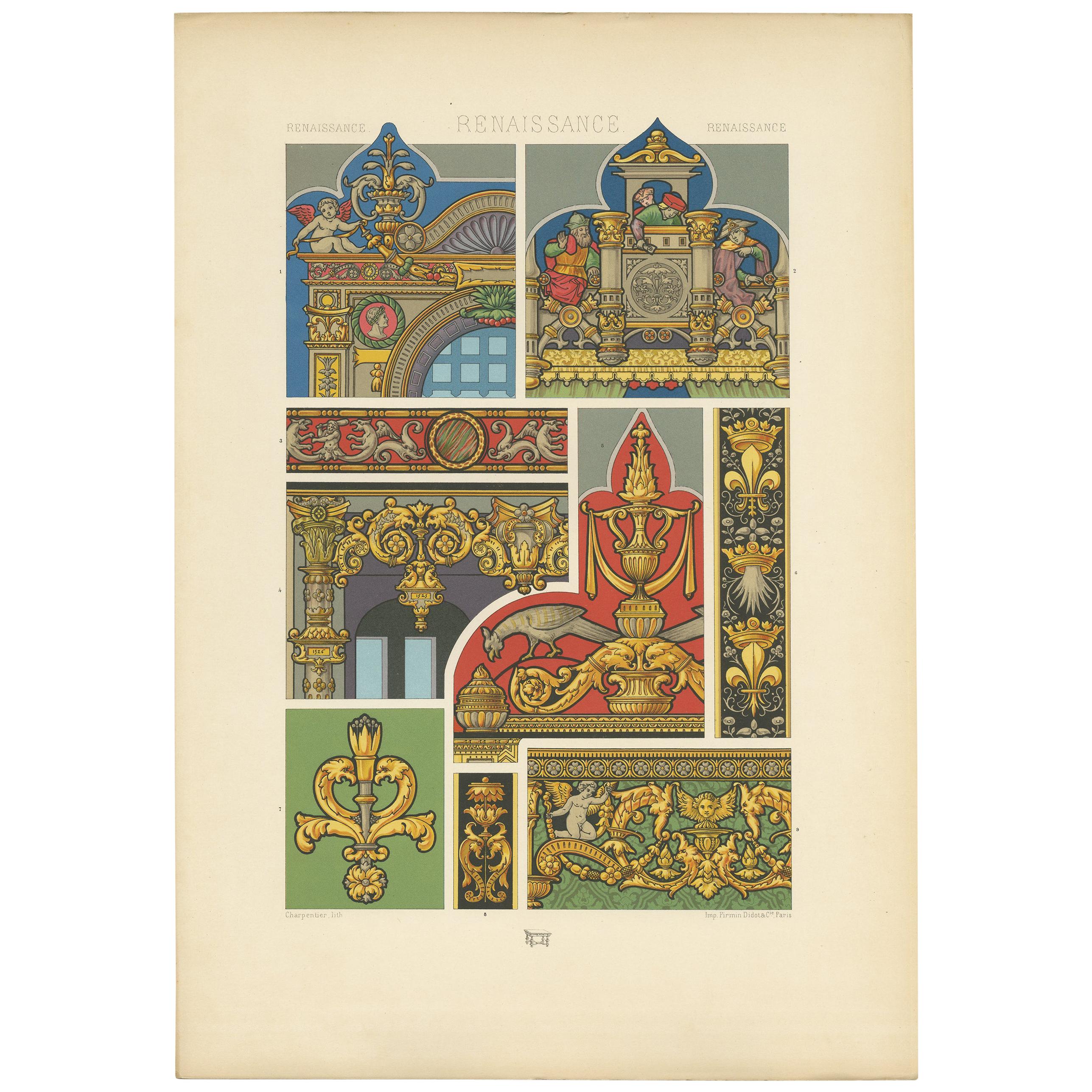 Pl. 85 Antique Print of Renaissance Architectural Motifs by Racinet 'circa 1890'