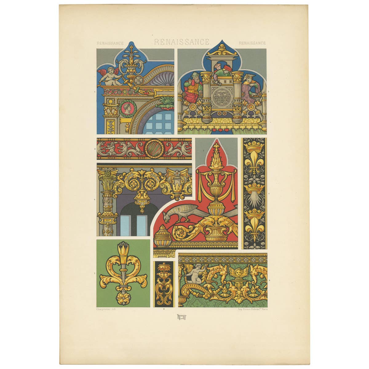 Pl. 85 Antique Print of Renaissance Architectural Motifs by Racinet 'circa 1890'