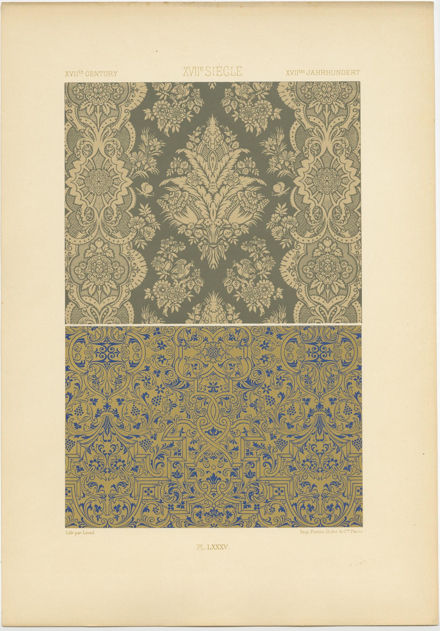 XIXe siècle Impression ancienne Pl. 85 d'ornements du XVIIe siècle par Racinet, vers 1890 en vente