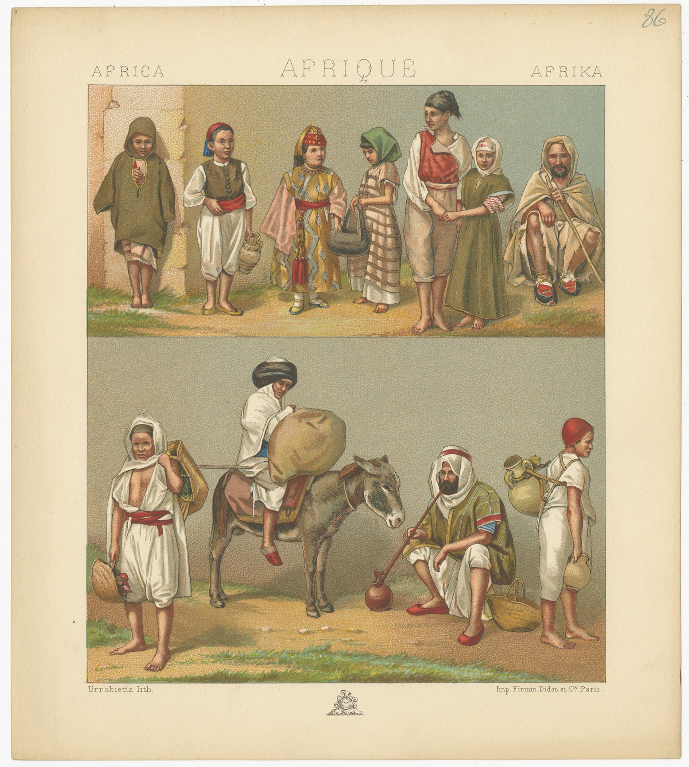 Antique print titled 'Africa - Afrique - Afrika'. Chromolithograph of African Costumes. This print originates from 'Le Costume Historique' by M.A. Racinet. Published, circa 1880.