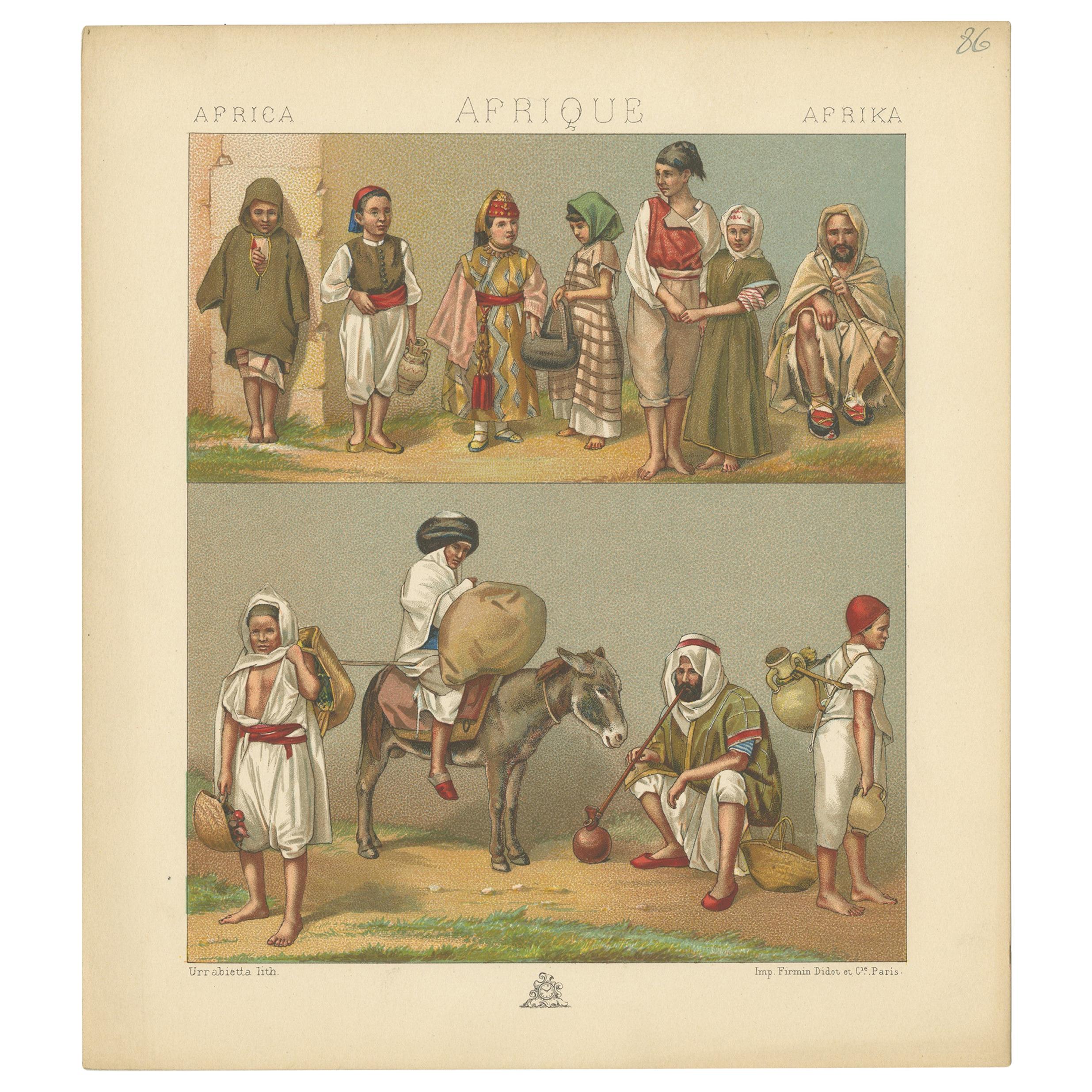 Pl. 86 Gravure ancienne sur des costumes africains Racinet, 'circa 1880' en vente