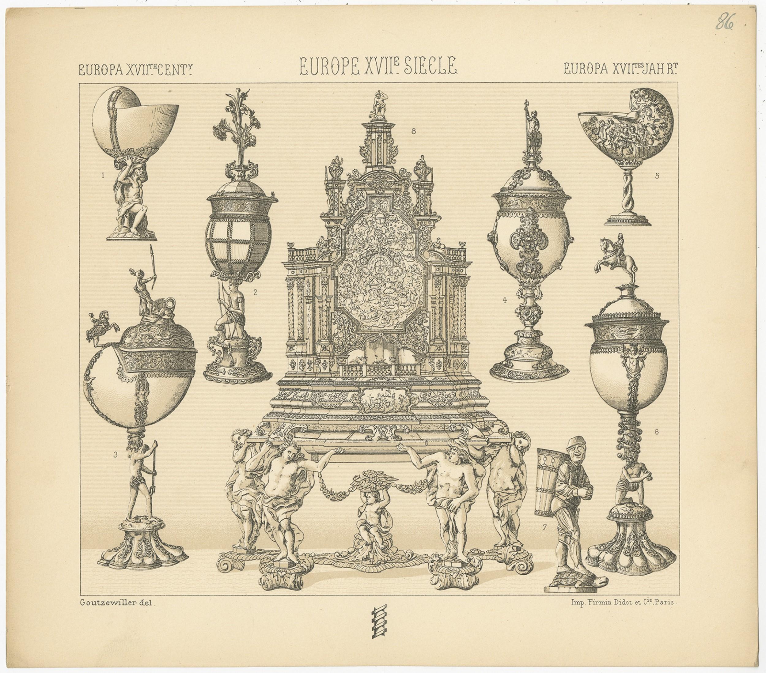 Impression ancienne d'objets décoratifs européens par Racinet, vers 1880 Bon état - En vente à Langweer, NL