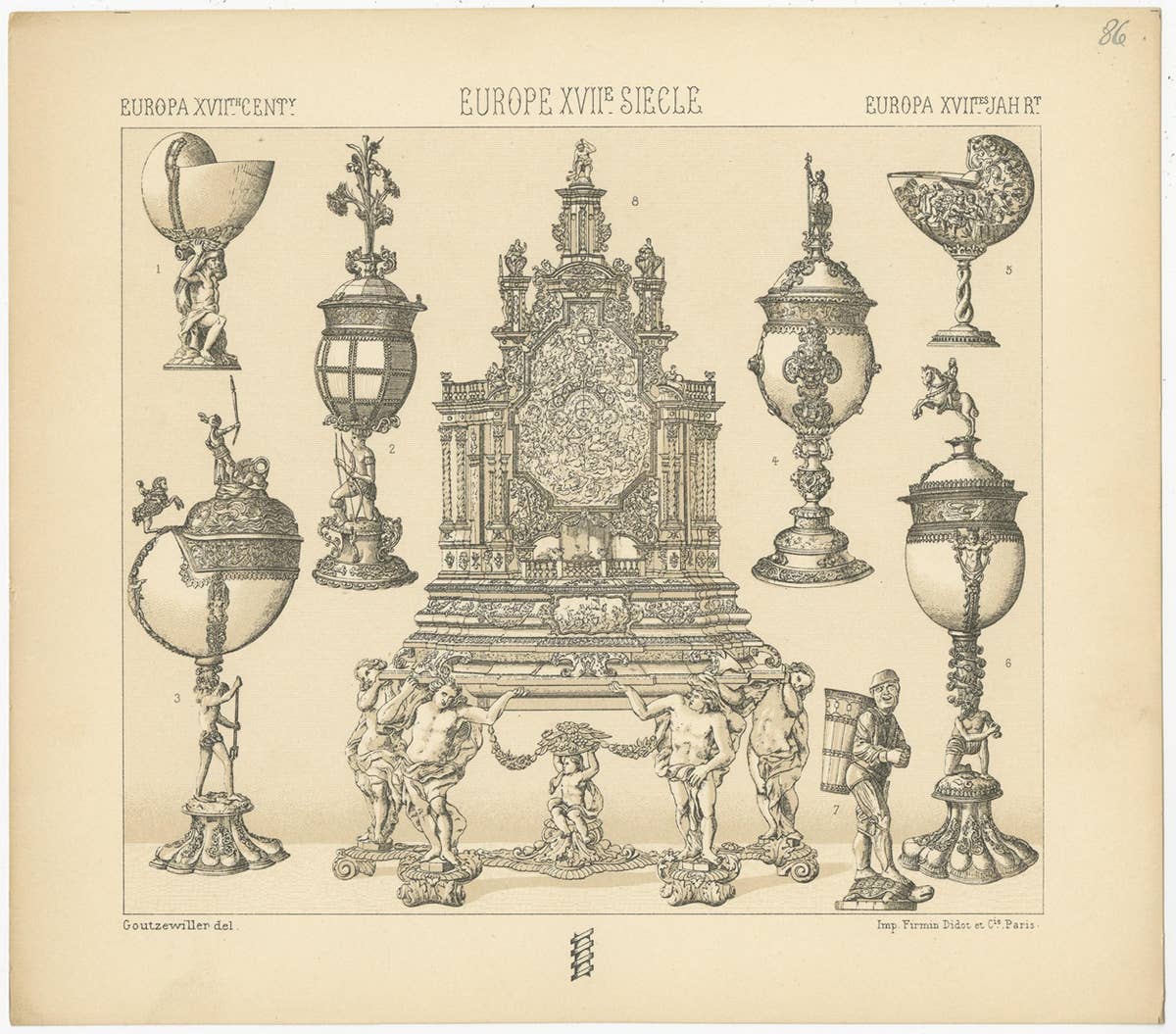 Pl. 86 Antique Print of European Decorative Objects by Racinet, circa 1880