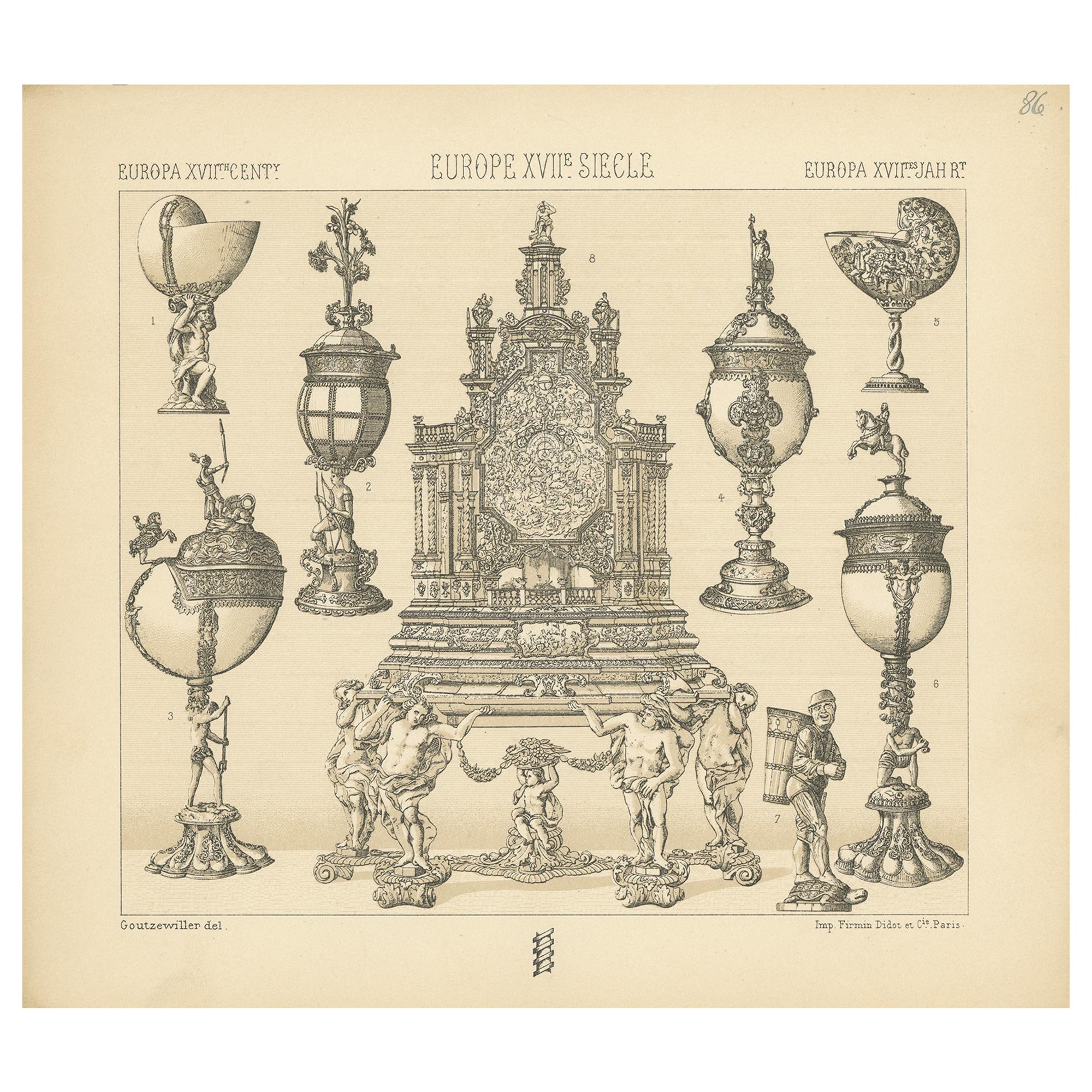 Impression ancienne d'objets décoratifs européens par Racinet, vers 1880