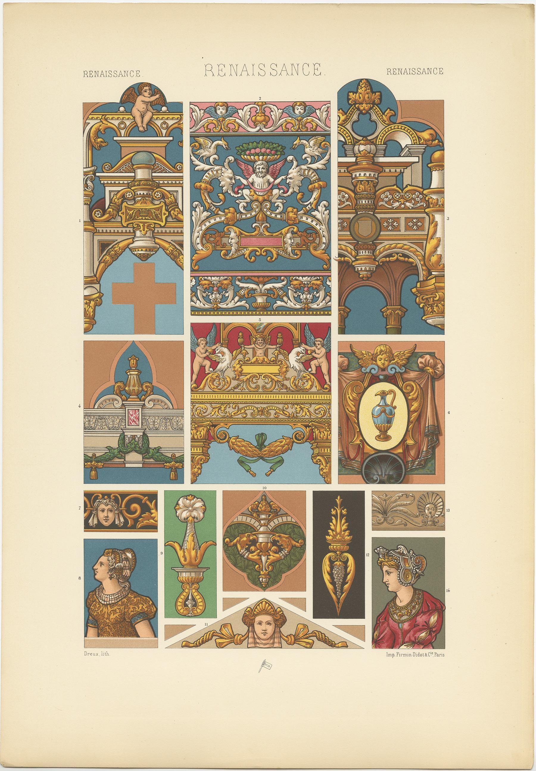 Antique print titled 'Renaissance - Renaissance - Renaissance'. Chromolithograph of sculptural and pictorial motifs from stained glass, France 16th century ornaments. This print originates from 'l'Ornement Polychrome' by Auguste Racinet. Published