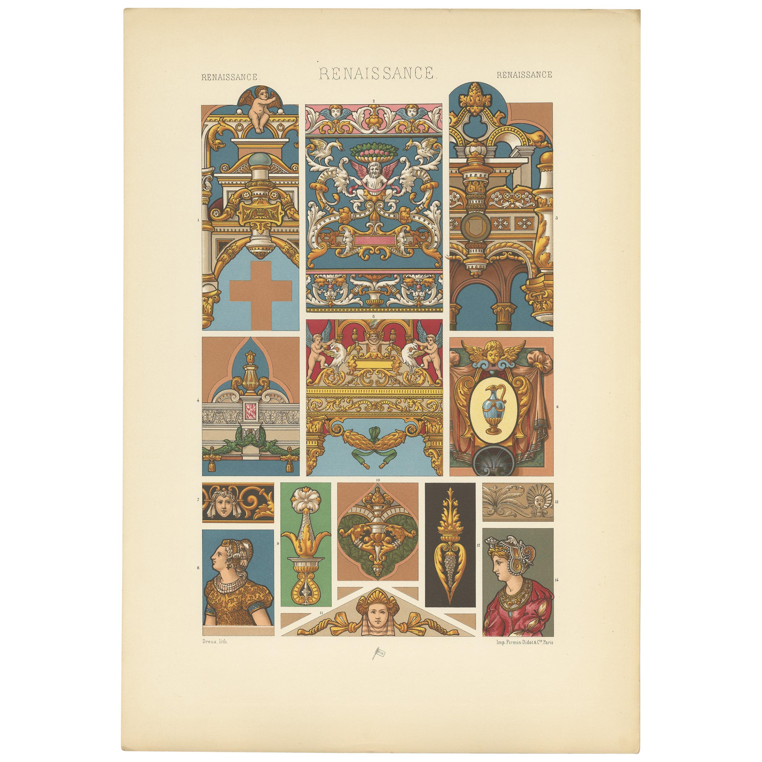 Pl. 86 Antique Print of Renaissance Sculptural & Pictorial by Racinet circa 1890