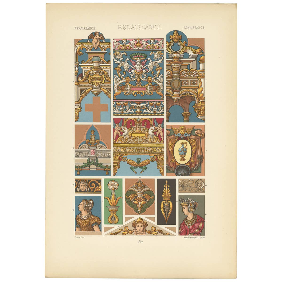 Pl. 86 Antique Print of Renaissance Sculptural & Pictorial by Racinet circa 1890