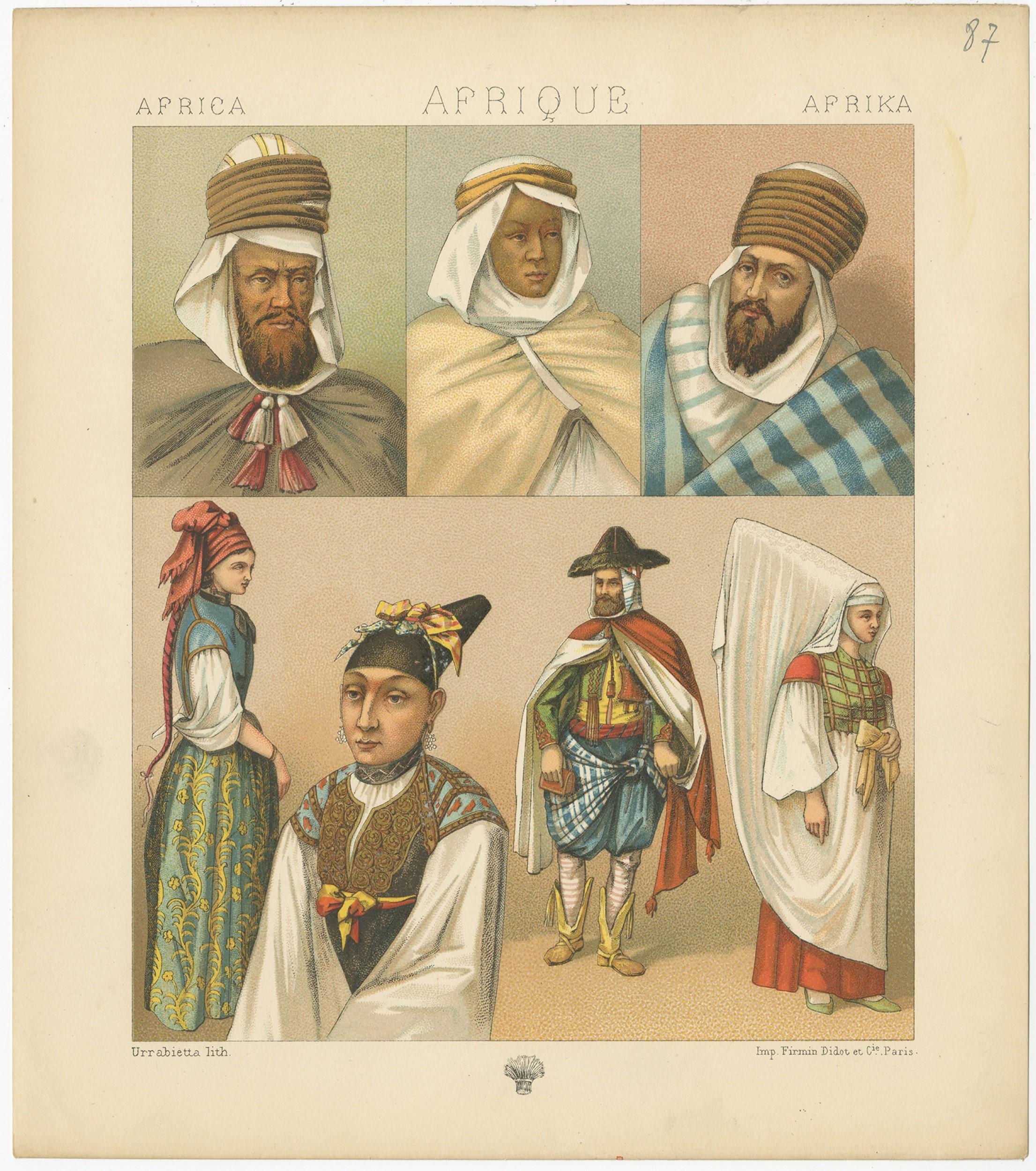 Antique print titled 'Africa - Afrique - Afrika'. Chromolithograph of African Costumes. This print originates from 'Le Costume Historique' by M.A. Racinet. Published, circa 1880.