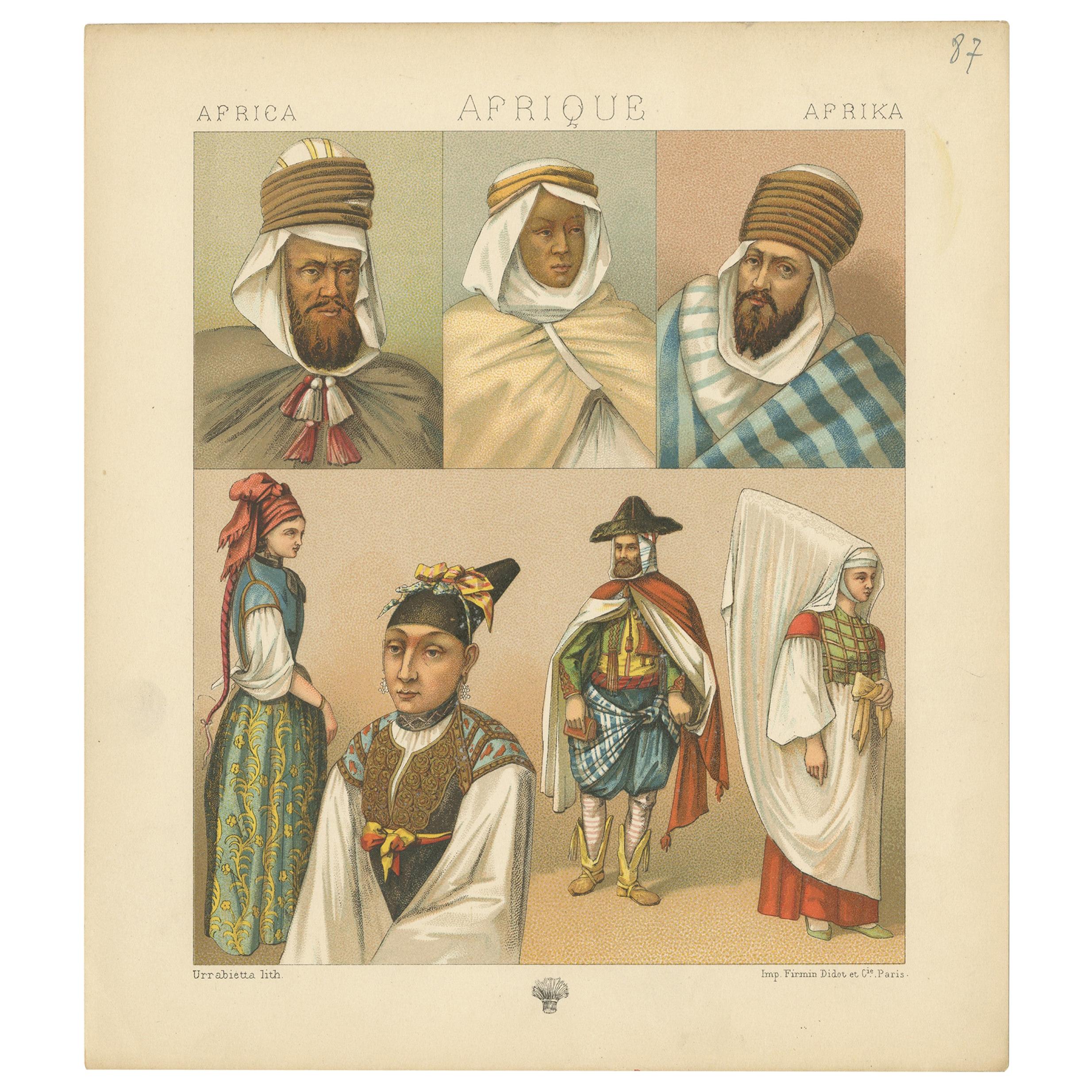 Antique Print of African Costumes Racinet, 'circa 1880' For Sale