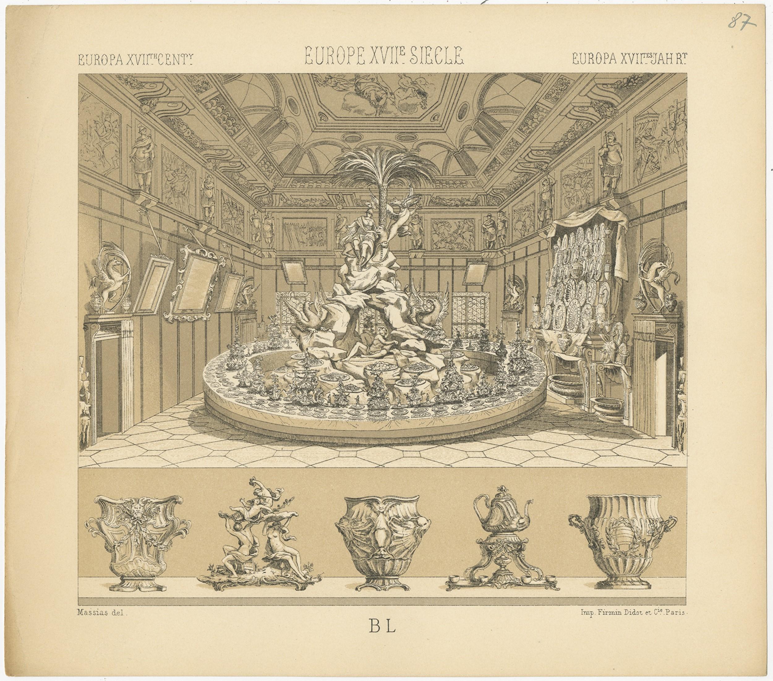 Antique print titled 'Europa XVIIth Cent - Europe XVIIe Siecle - Europa XVIItes Jahr'. Chromolithograph of European decorative objects. This print originates from 'Le Costume Historique' by M.A. Racinet. Published circa 1880.