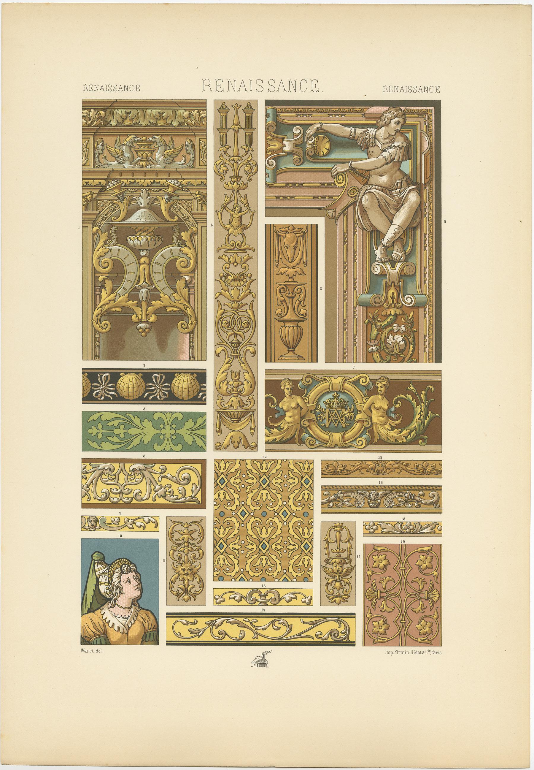 Antique print titled 'Renaissance - Renaissance - Renaissance'. Chromolithograph of from stained glass, tapestries and sculpture, France 16th century ornaments. This print originates from 'l'Ornement Polychrome' by Auguste Racinet. Published circa