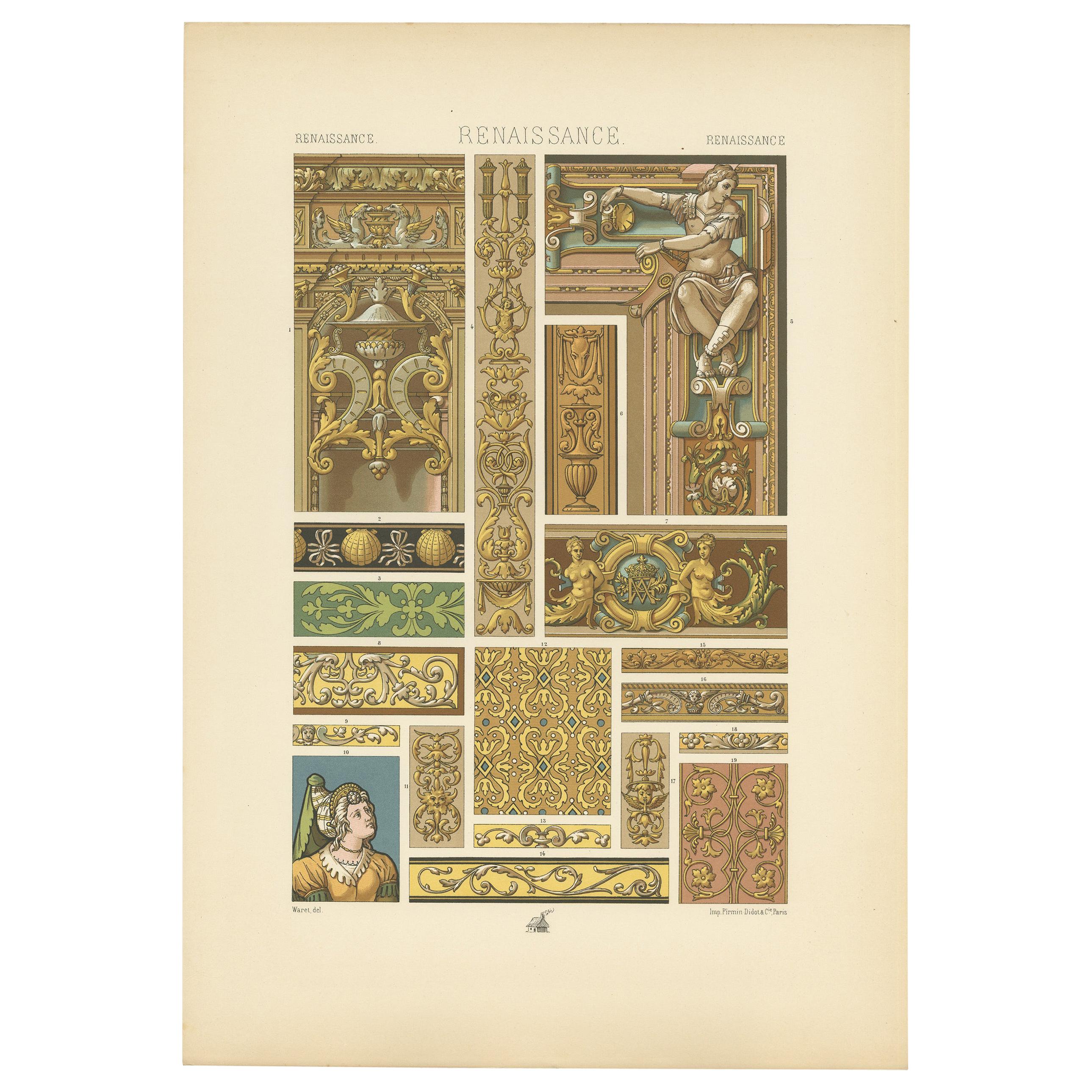Pl. 87 Antique Print of Renaissance Tapestries & Sculpture, Racinet 'circa 1890' For Sale