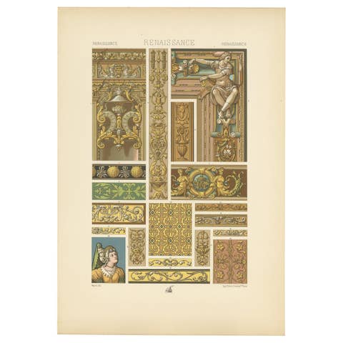 Pl. 87 Antique Print of Renaissance Tapestries & Sculpture, Racinet 'circa 1890'