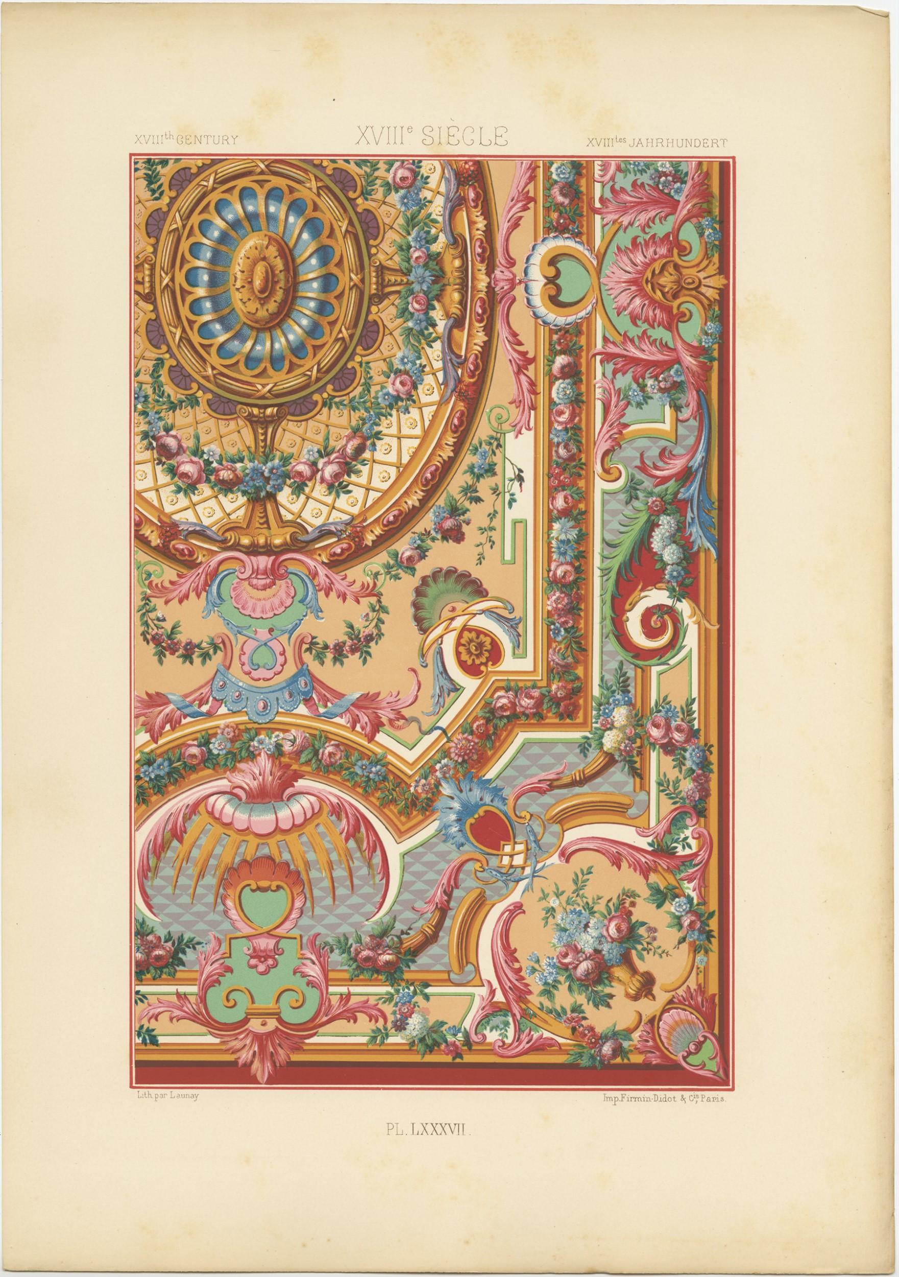 Pl. 87 Estampa antigua de ornamentos del siglo XVIII de Racinet (c.1890) en Bueno estado para la venta en Langweer, NL