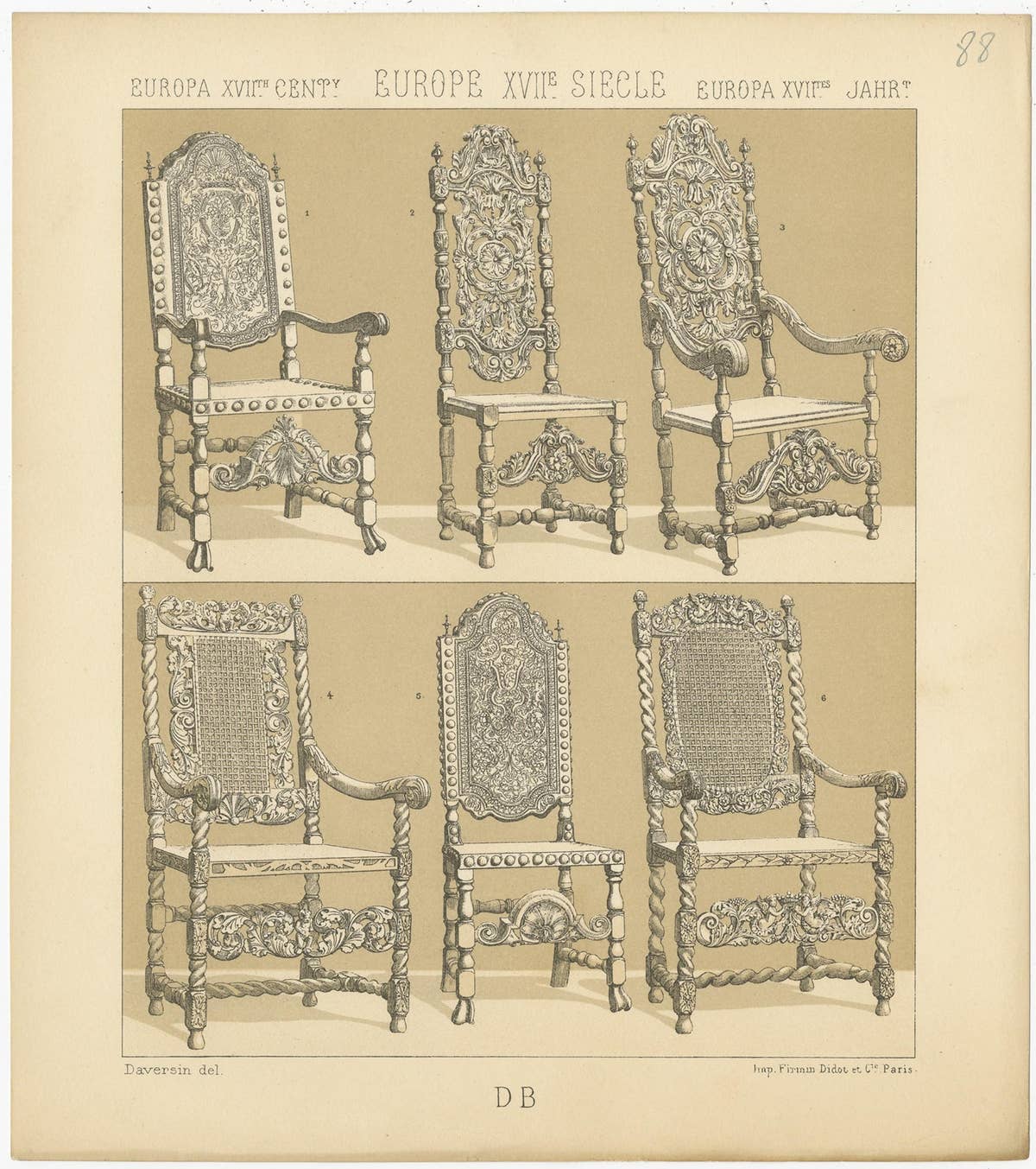 Pl. 88 Antique Print of European 17th Century Chairs by Racinet, circa 1880