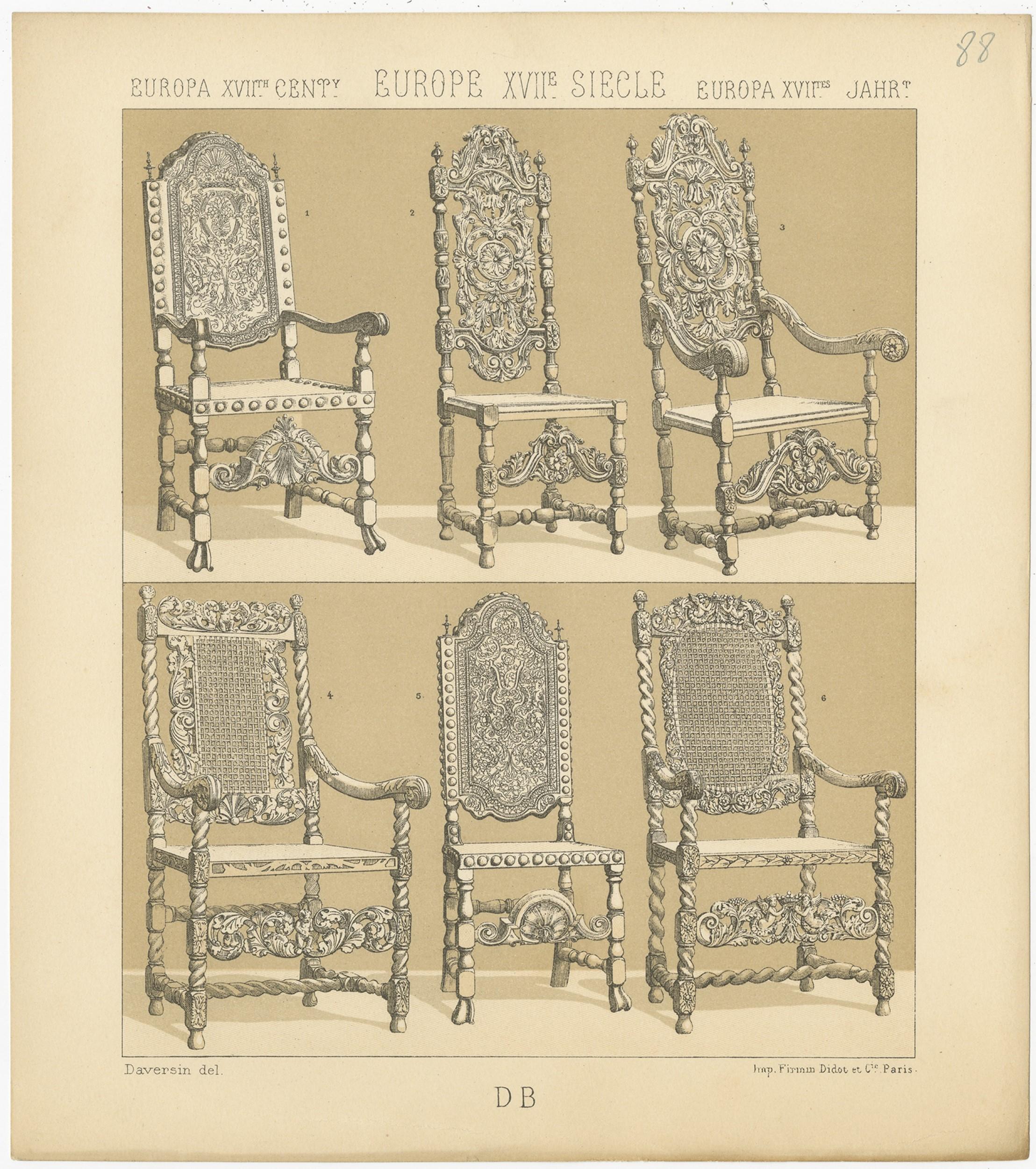 19th Century Pl. 88 Antique Print of European 17th Century Chairs by Racinet, circa 1880 For Sale