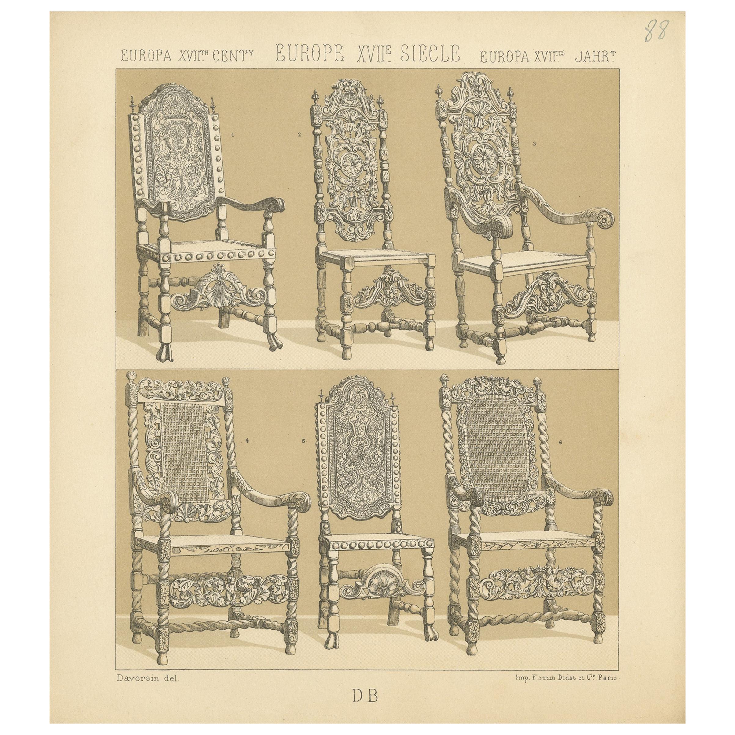 Pl. 88 Antique Print of European 17th Century Chairs by Racinet, circa 1880