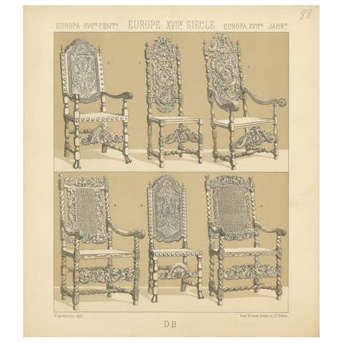 Pl. 88 Antique Print of European 17th Century Chairs by Racinet, circa 1880