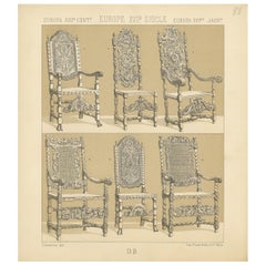 Pl. 88 Antique Print of European 17th Century Chairs by Racinet, circa 1880