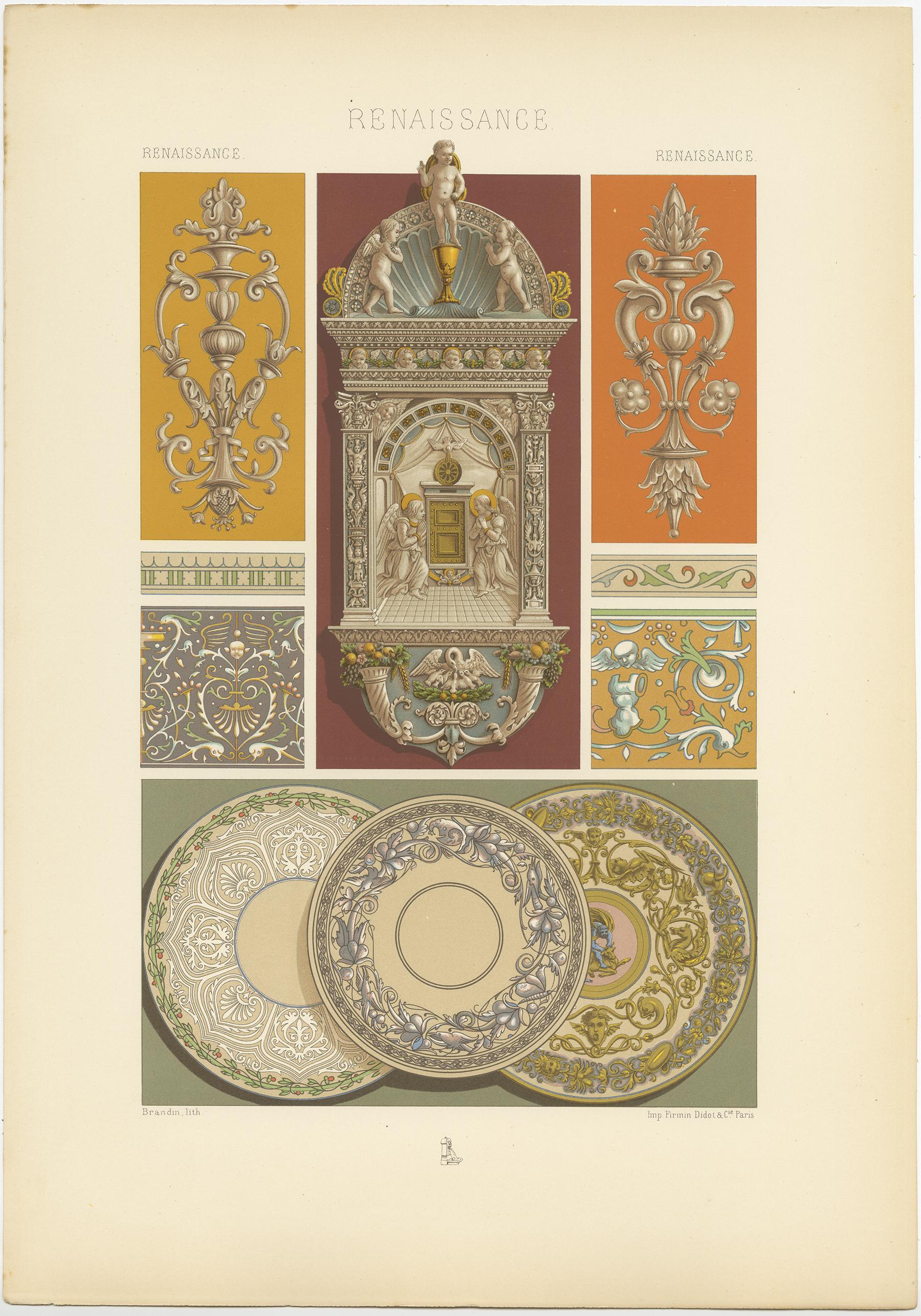 Antique print titled 'Renaissance - Renaissance - Renaissance'. Chromolithograph of ceramic and stained glass, France and Italy 15th and 16th centuries ornaments. This print originates from 'l'Ornement Polychrome' by Auguste Racinet. Published circa