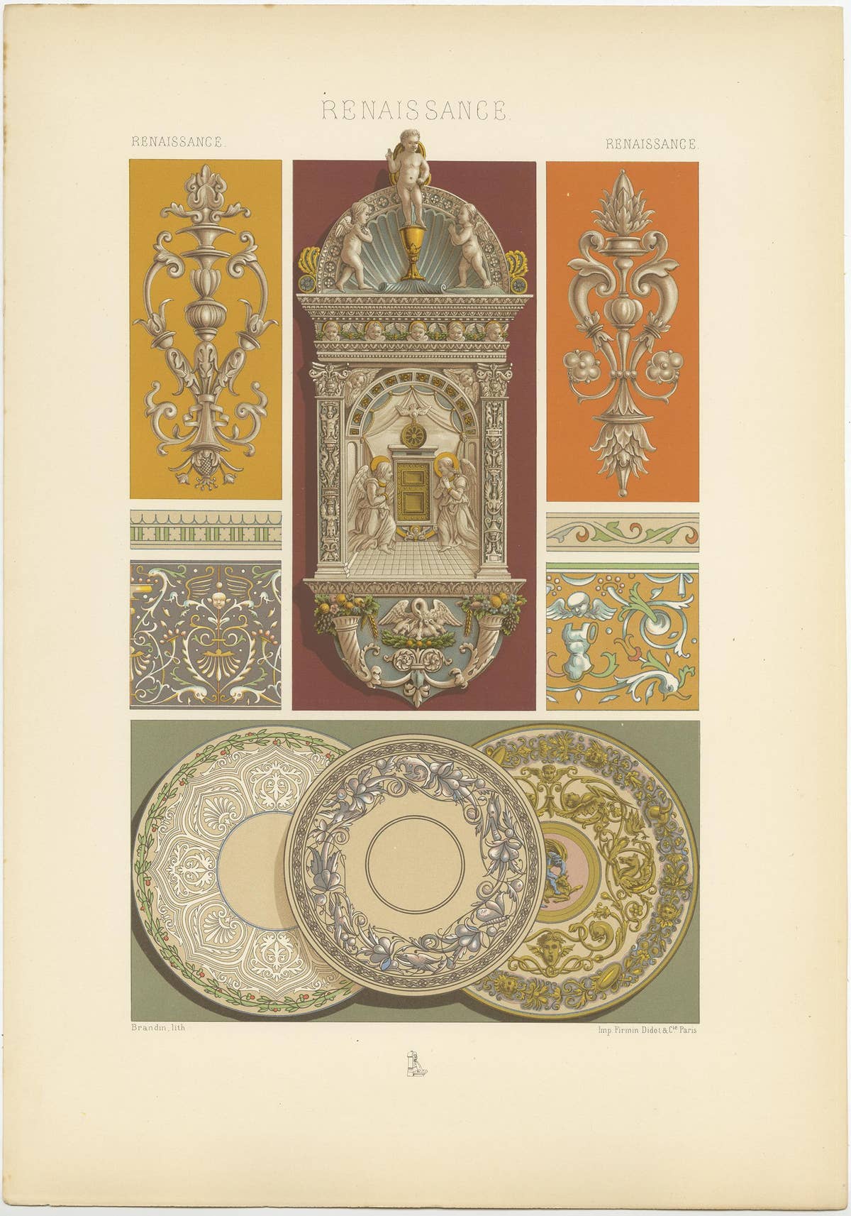 Pl. 88 Print of Renaissance Ceramics and Stained Glass by Racinet, circa 1890