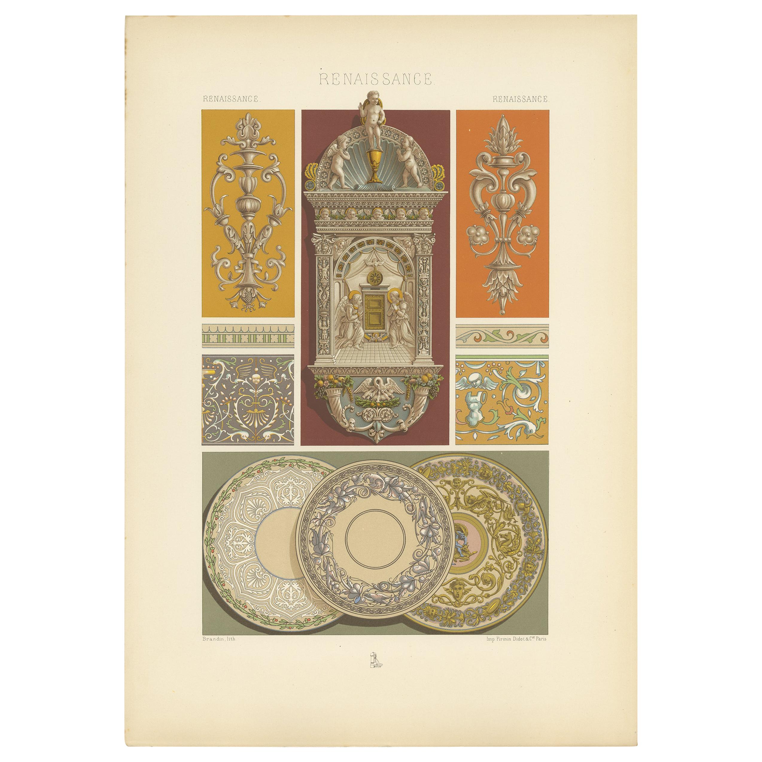 Pl. 88 Print of Renaissance Ceramics and Stained Glass by Racinet, circa 1890 For Sale