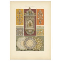 Antique Pl. 88 Print of Renaissance Ceramics and Stained Glass by Racinet, circa 1890