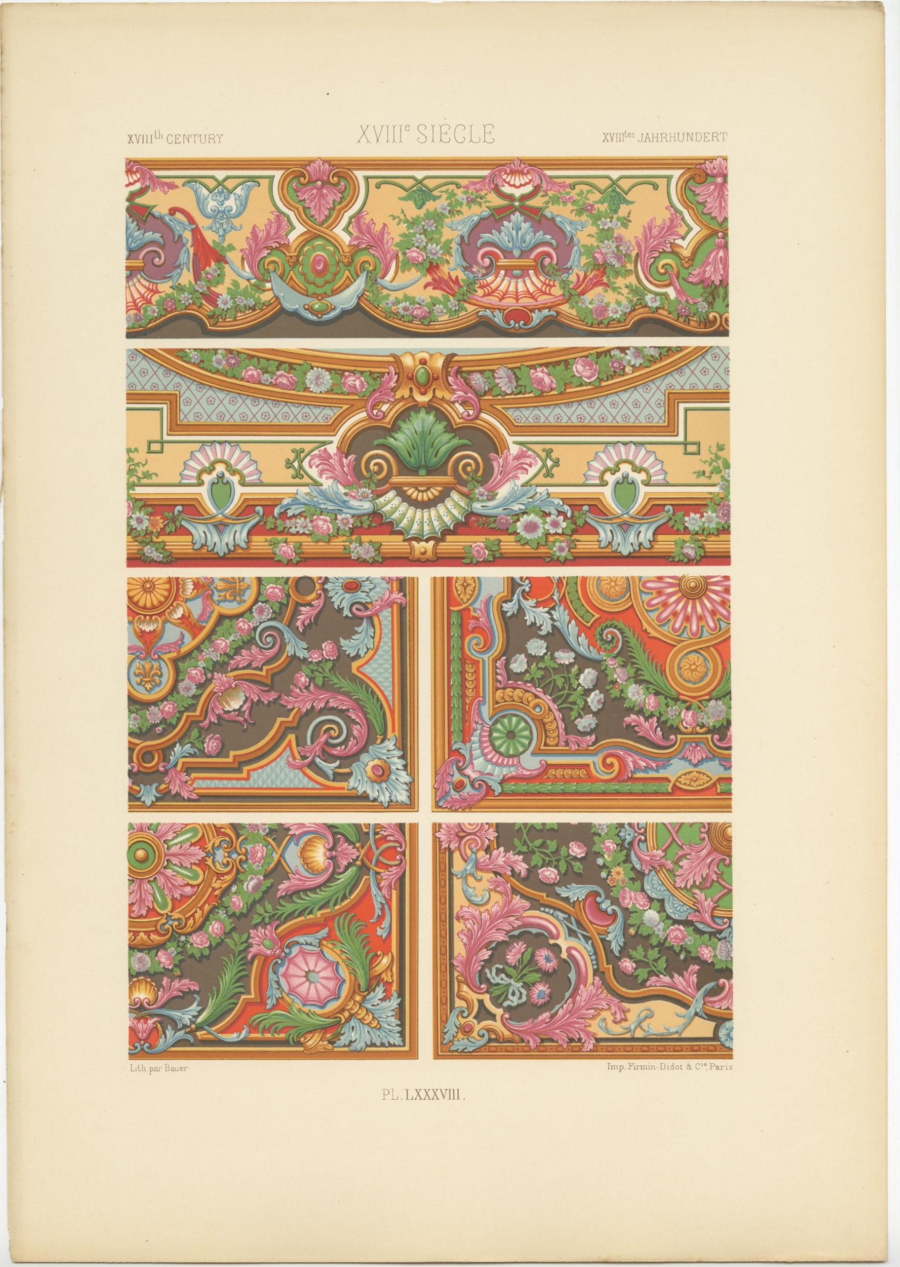 Gravure ancienne intitulée 'XVIIIth Century - XVIIIe Siecle - XVIIItes et Jahrhundert'. Chromolithographie d'ornements et d'arts décoratifs du XVIIIe siècle. Cette estampe est tirée de l'Ornement Polychrome d'Auguste Racinet. Publié vers 1890.