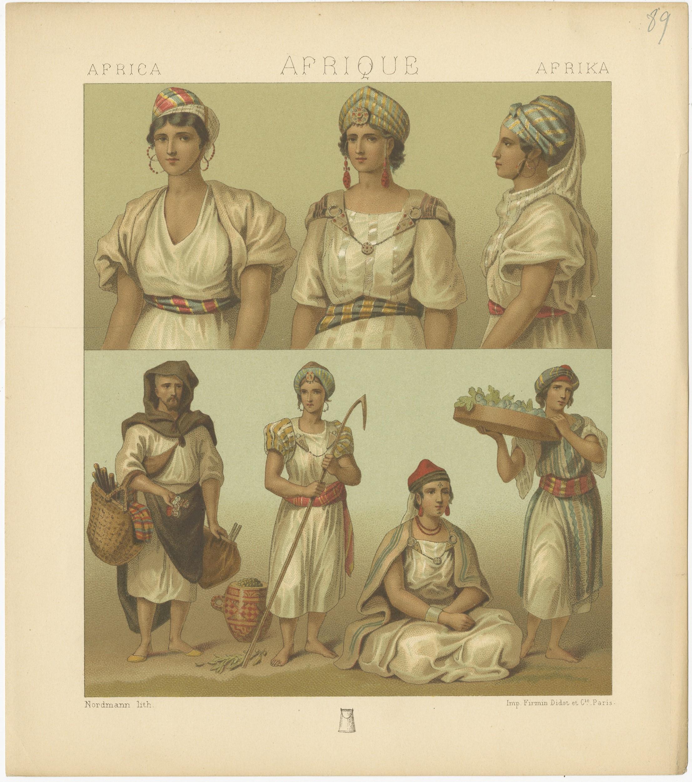 19th Century Antique Print of African Costumes Racinet, 'circa 1880' For Sale