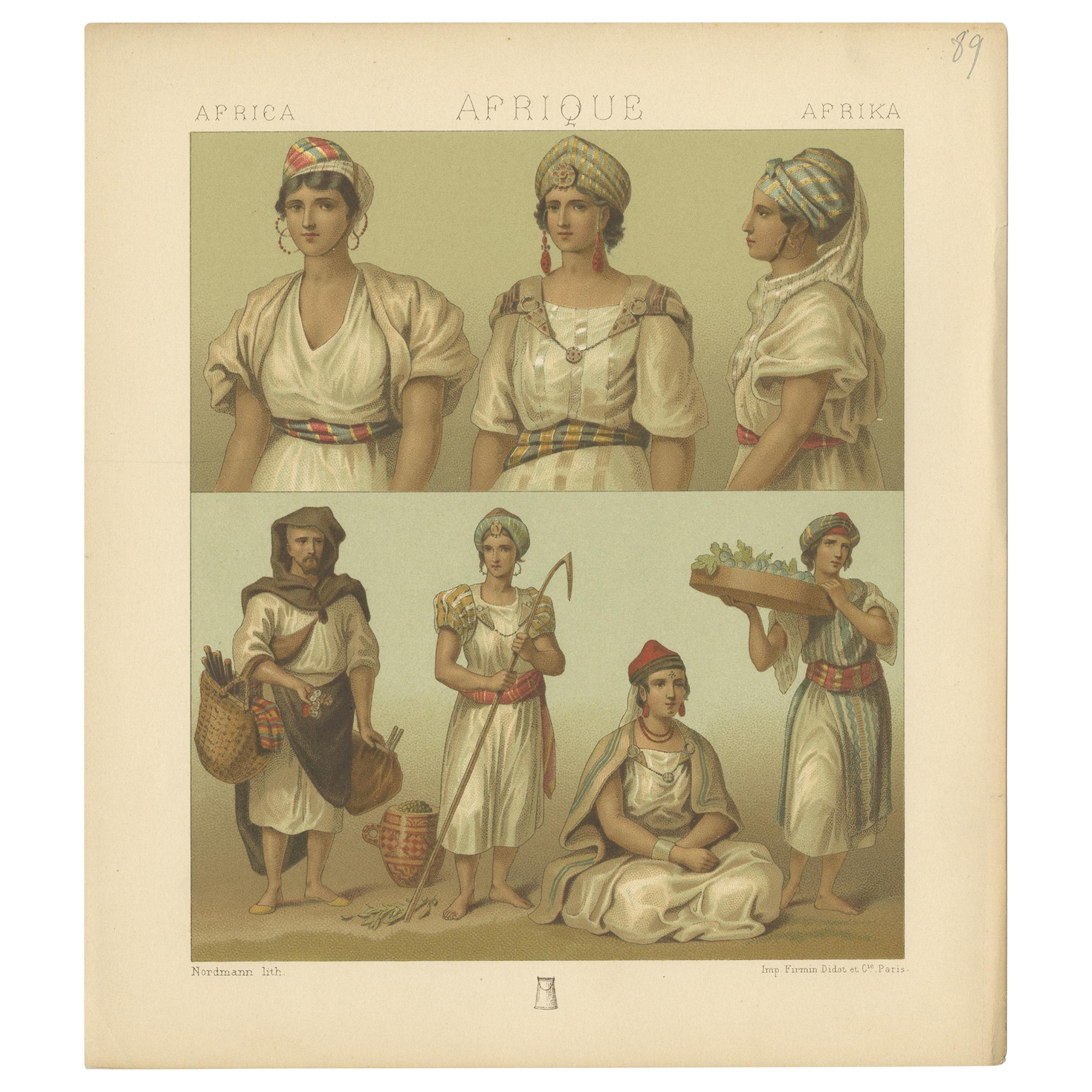 Stampa antica di costumi africani Racinet, 'circa 1880