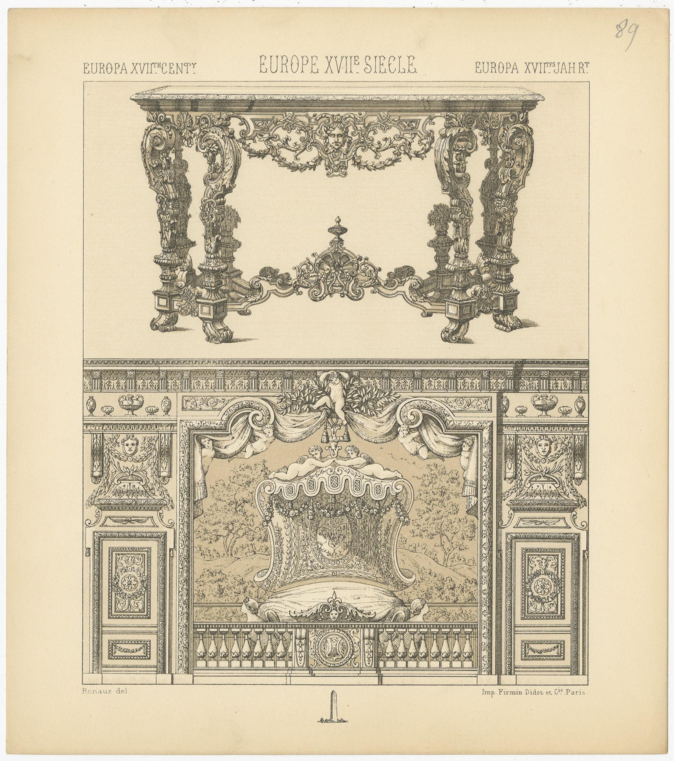 Antique print titled 'Europa XVIIth Cent - Europe XVIIe Siecle - Europa XVIItes Jahr'. Chromolithograph of European 17th century furniture . This print originates from 'Le Costume Historique' by M.A. Racinet. Published circa 1880.