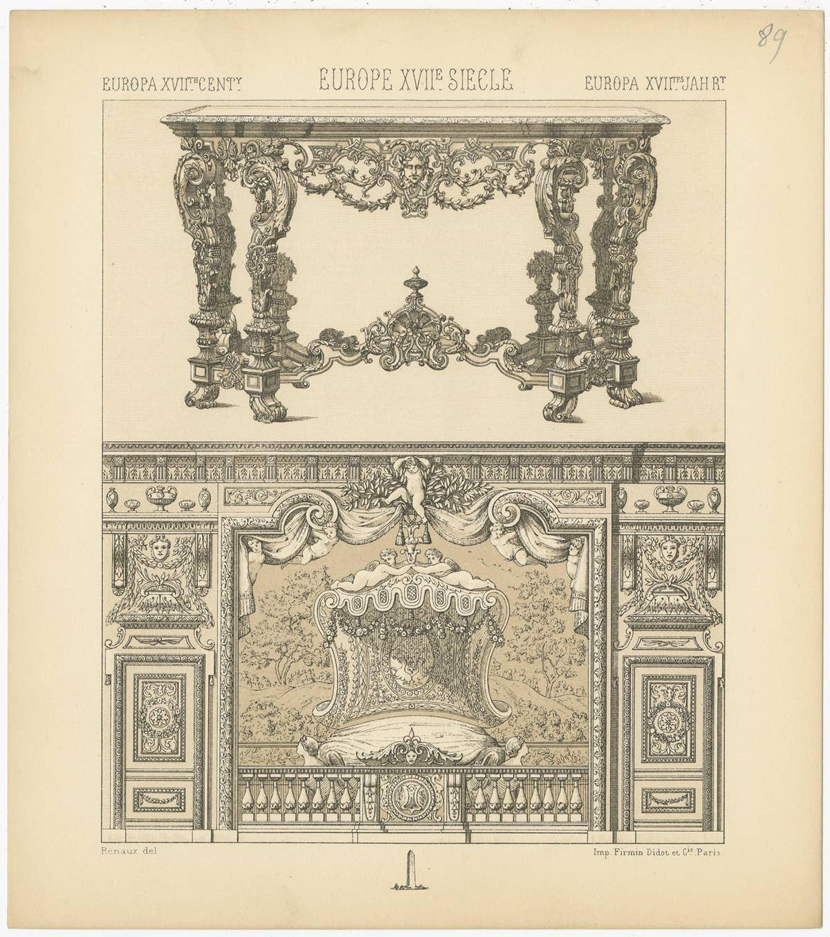 Pl. 89 Antique Print of European 17th Century Furniture by Racinet, circa 1880